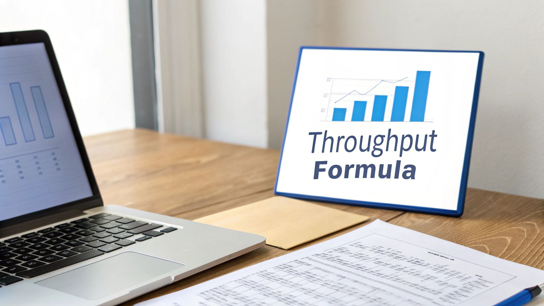 Business productivity chart showing throughput formula with increasing bar graph on desk with laptop and documents