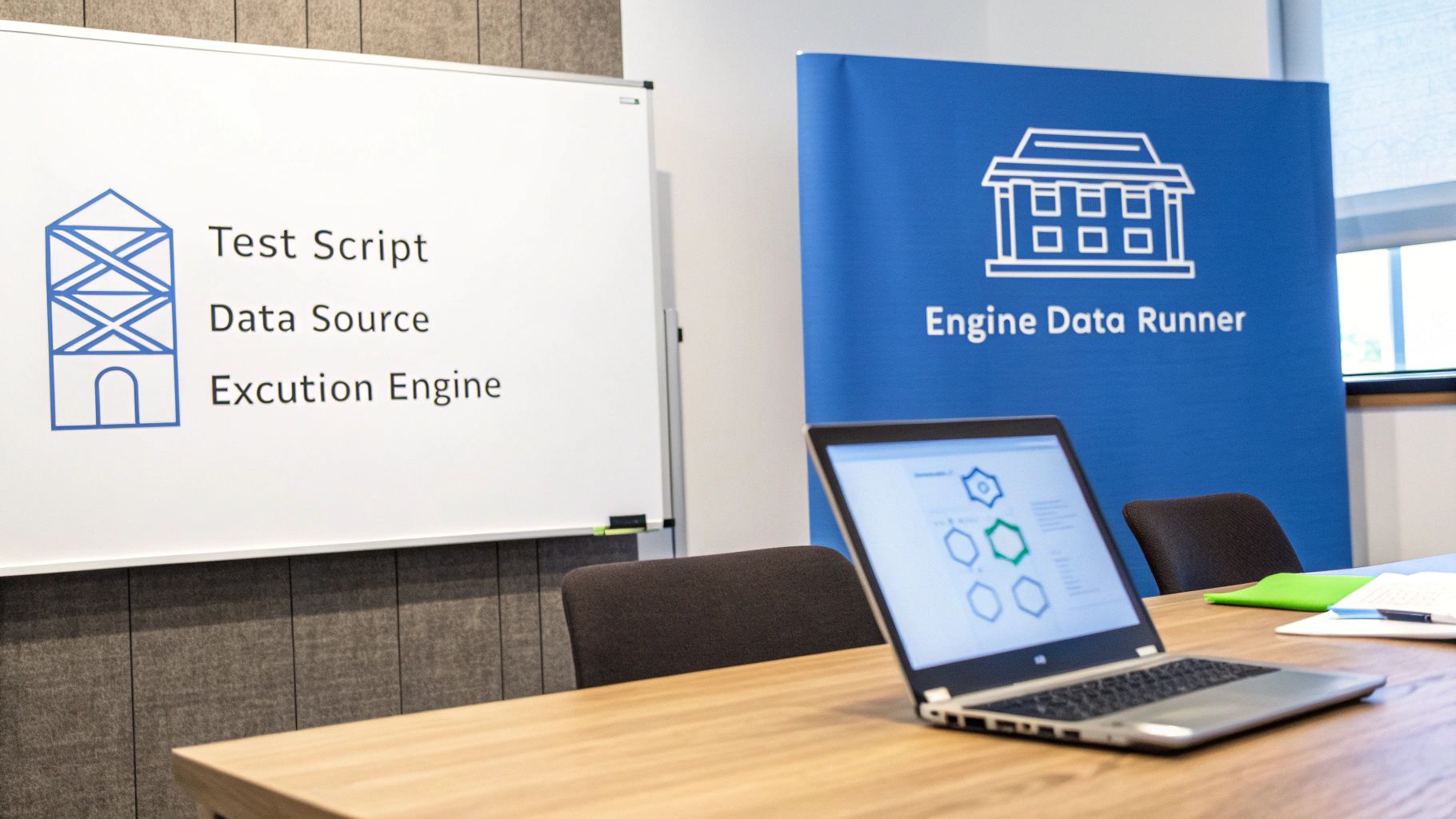 Office with a whiteboard displaying 'Test Script, Data Source, Execution Engine' and a laptop showing data diagrams.