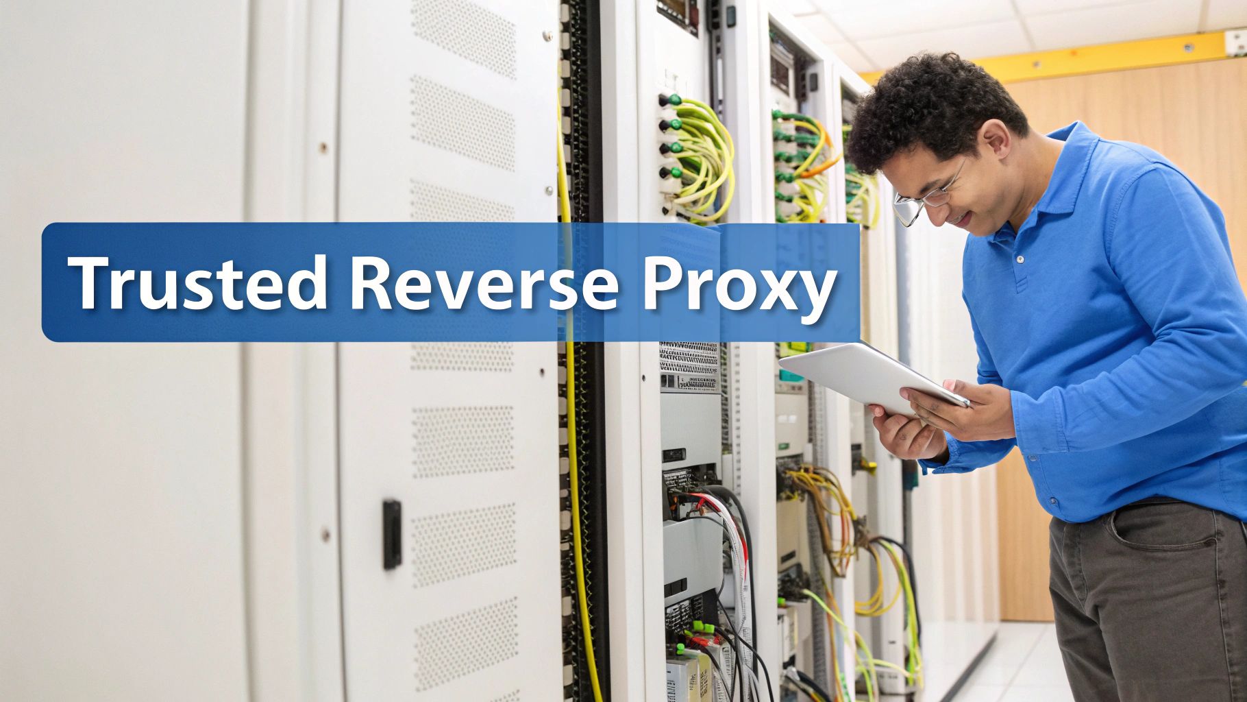 A smiling man with glasses looks at a tablet in a server room with racks and cables, overlaid with 'Trusted Reverse Proxy'.