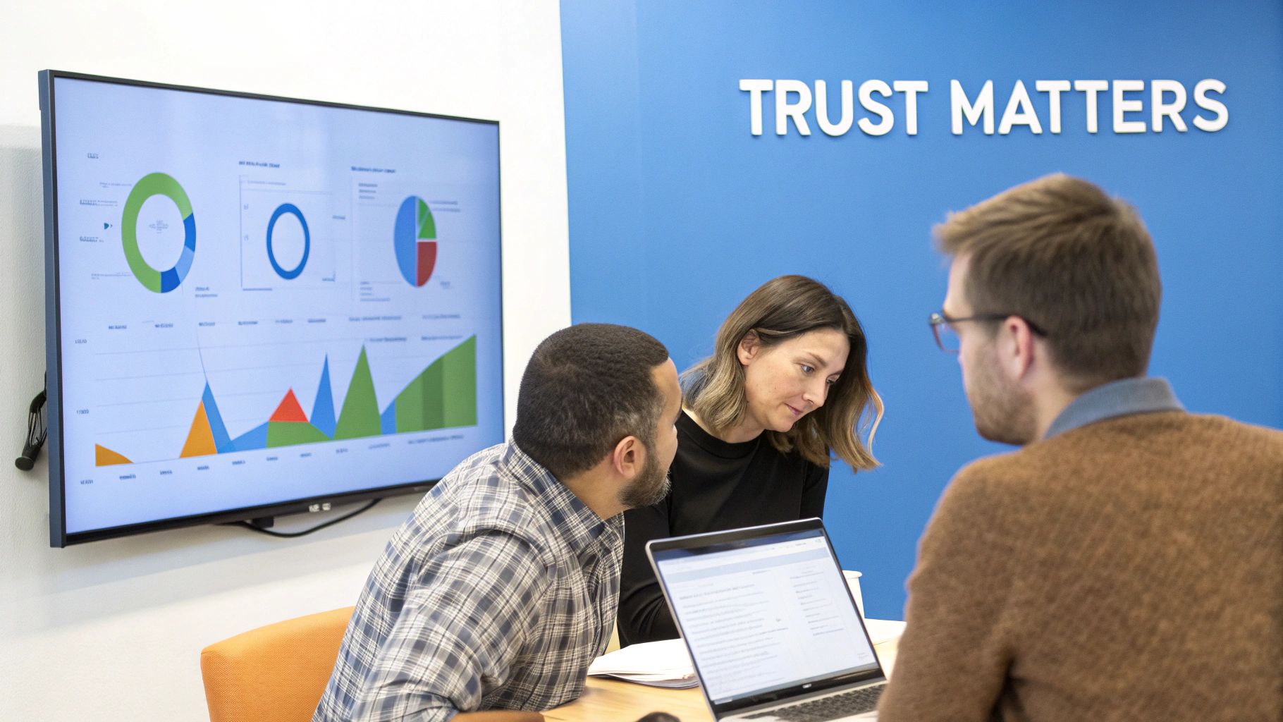 Three colleagues collaborate in an office, discussing data displayed on a screen and a laptop.