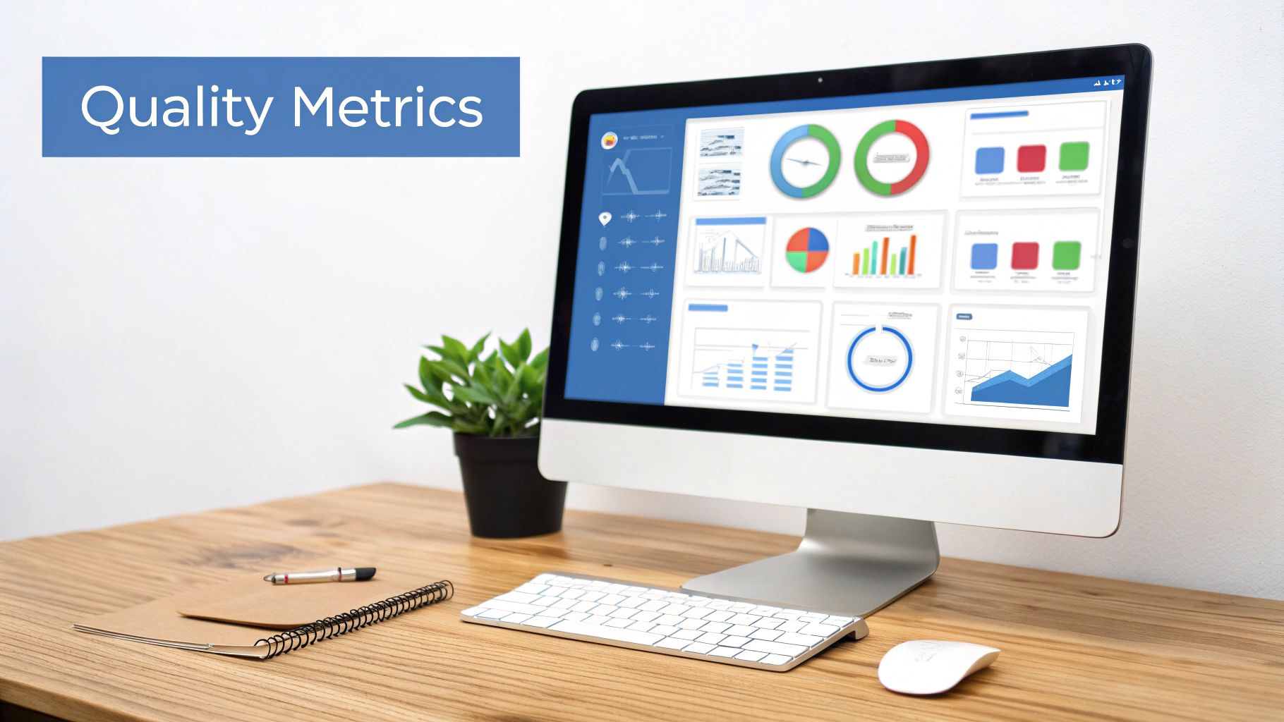 Quality metrics dashboard displaying colorful charts, graphs, and data visualization on computer monitor