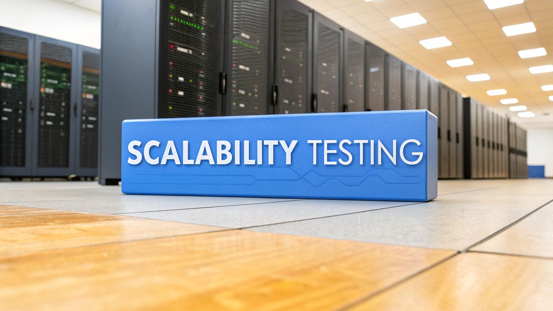 - A photo-realistic data center with endless server racks fading into the background, featuring ‘Scalability Testing’ text as the central focal point on a solid background block positioned in the golden ratio, text rendered with sharp edges and high contrast, subtle blurred network graphs and growth metaphors supporting the theme in a minimalist composition