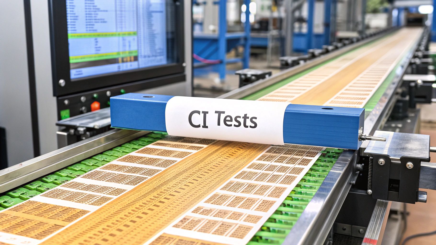 - A photo-realistic high-tech factory conveyor belt made of code modules and test report cards, with "CI Tests" text centered on a solid background block in the golden ratio position, surrounding digital machinery and flowing code streams slightly subdued to keep the text in sharp focus