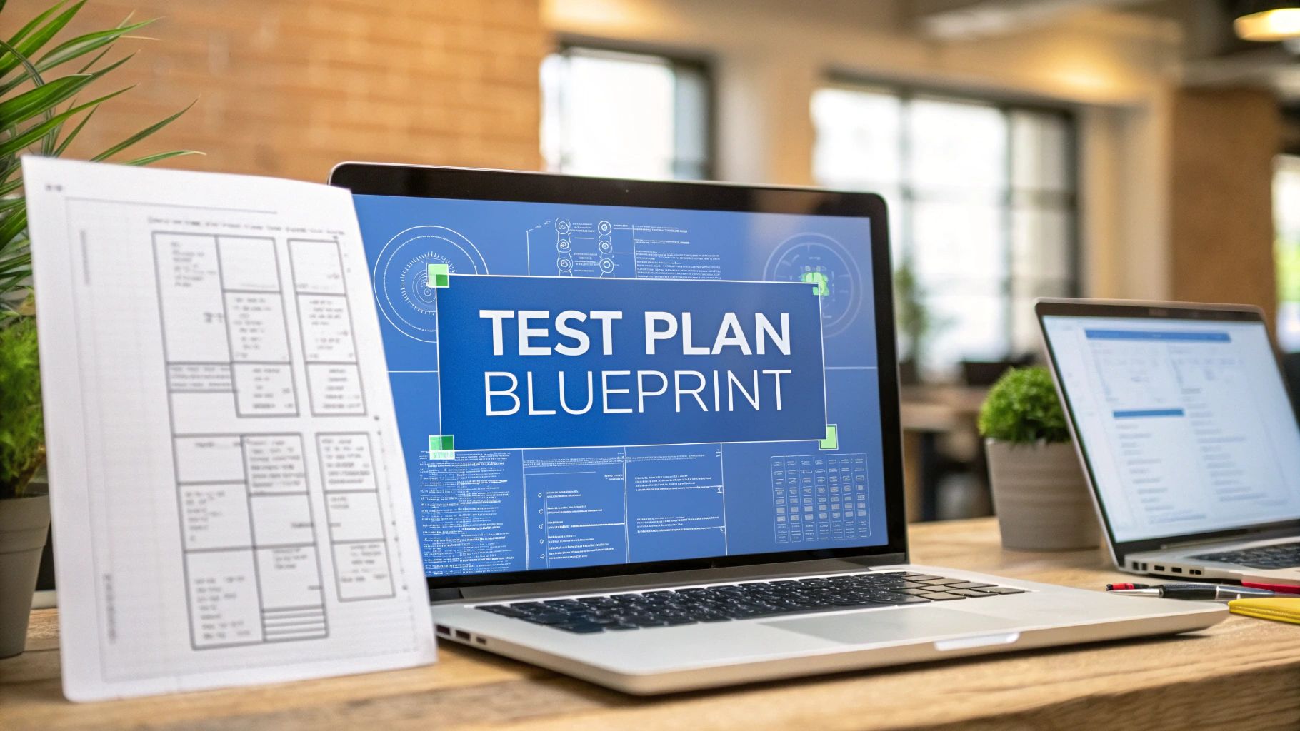 - A photo-realistic scene of a modern digital workspace with a blueprint overlay of testing workflows, featuring “Test Plan Blueprint” text centered on a solid background block in the golden ratio position, surrounded by subtly blurred code snippets and flowchart diagrams to support the concept