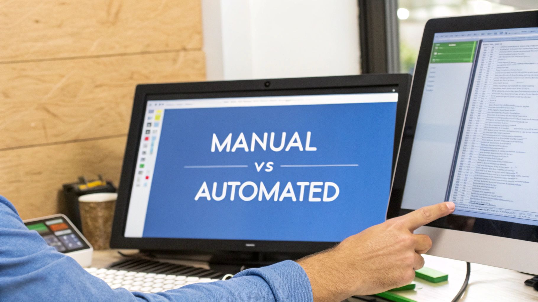 - A split workspace featuring a human hand interacting with a touchscreen interface on one side and an automated test script running in a terminal on the other, with "Manual vs Automated" text centered on a solid background block in the golden ratio position, the surrounding imagery photo-realistic and subtly muted to highlight the crisp, clear text
