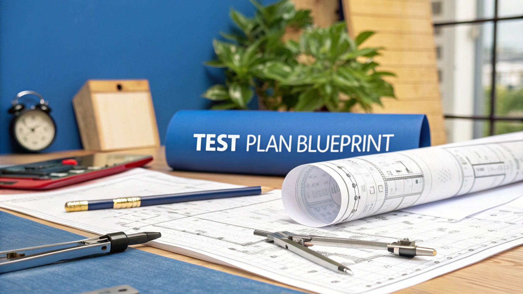 A photo-realistic architectural workspace featuring a detailed unrolled blueprint on a drafting table with precision tools and technical sketches subtly arranged in the background, with âTest Plan Blueprintâ text prominently displayed on a solid background block at the golden ratio position