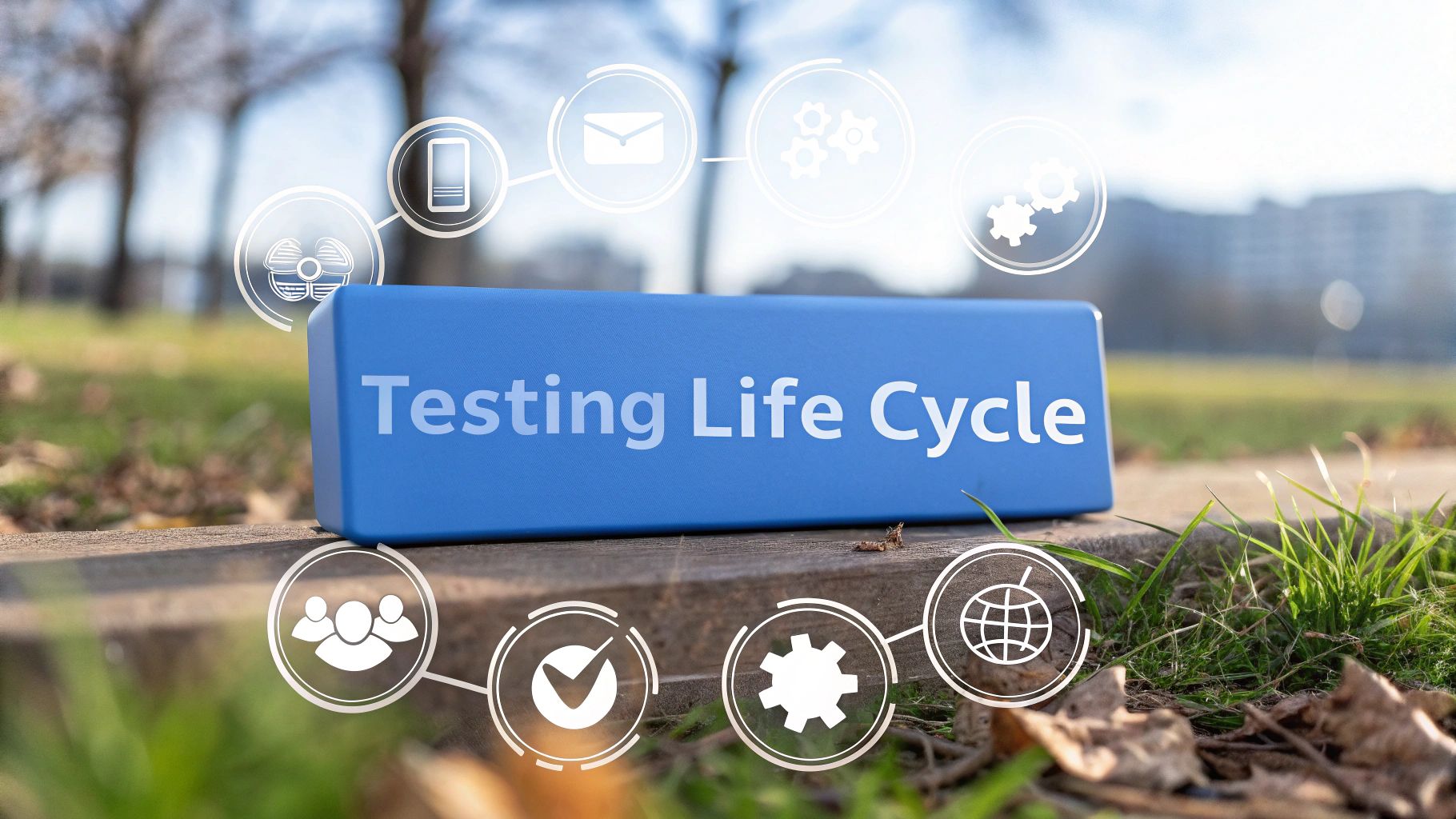 Photo-realistic image where text 'Testing Life Cycle' serves as the central focal point on a solid background block occupying the golden ratio position; surrounding imagery shows a sleek software testing dashboard environment with softly blurred icons representing requirement analysis, test planning, execution, and closure arranged in a gentle circular flow, accented by subtle gear motifs and digital interface elements that remain subdued to maintain the text’s prominence.