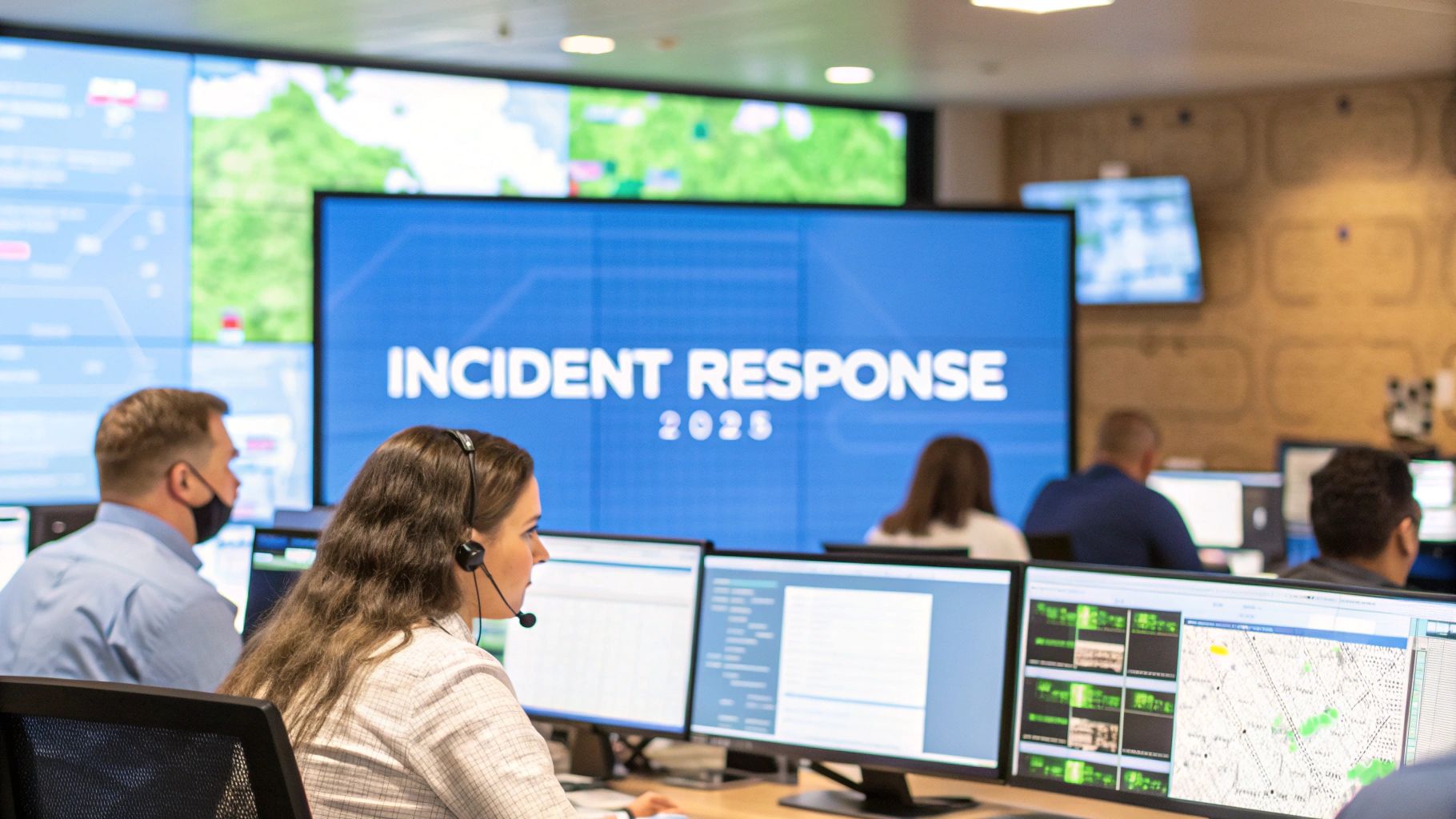 A photo-realistic image of a modern cybersecurity operations center with analysts at desks and network activity on multiple monitors, all subtly blurred in the background; a solid-color block placed in the golden ratio position prominently displays âIncident Response 2025â in sharp, high-contrast English text with perfect legibility; the subdued environment evokes strategic readiness and practical, actionable insights.
