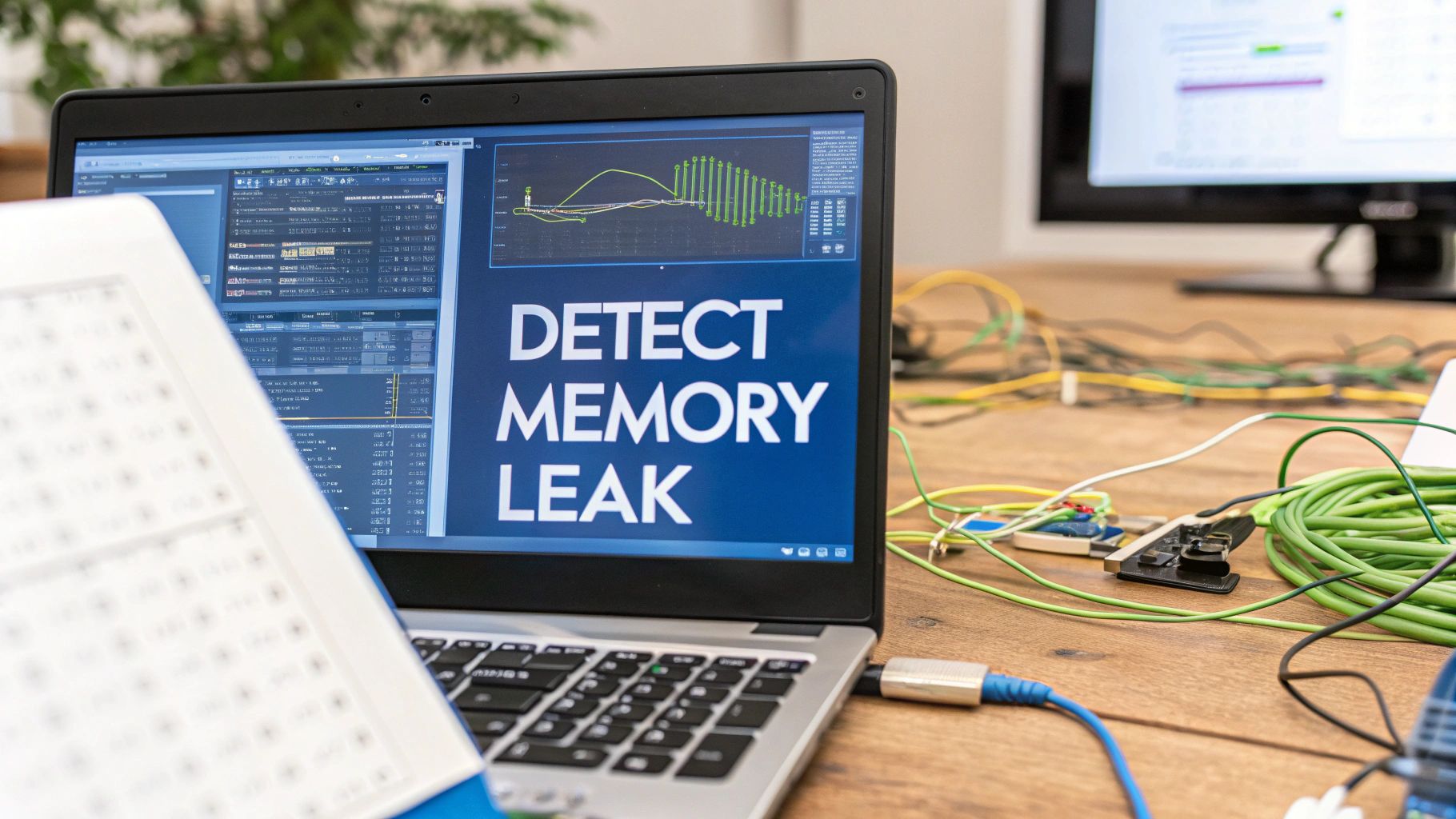 - A photo-realistic modern developer workspace featuring a laptop displaying faint memory profiling graphs, scattered coding notes and network cables in the background, with "Detect Memory Leak" text centered on a solid background block at the golden ratio position, surrounding elements slightly subdued to maintain text prominence
