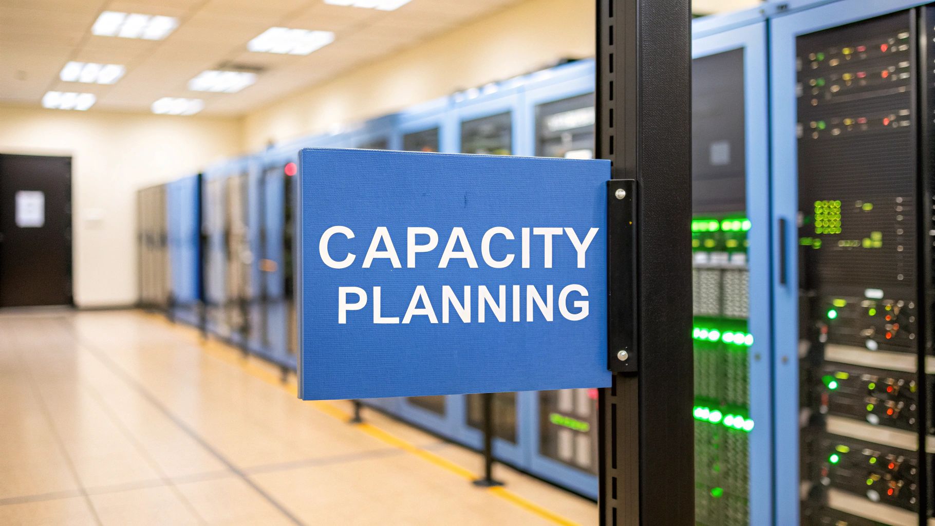 A photorealistic server room environment with LED-lit racks and faintly glowing performance dashboards, featuring "Capacity Planning" text prominently displayed on a solid background block in the golden ratio position, with surrounding equipment subtly blurred to emphasize the crisp, high-contrast typography