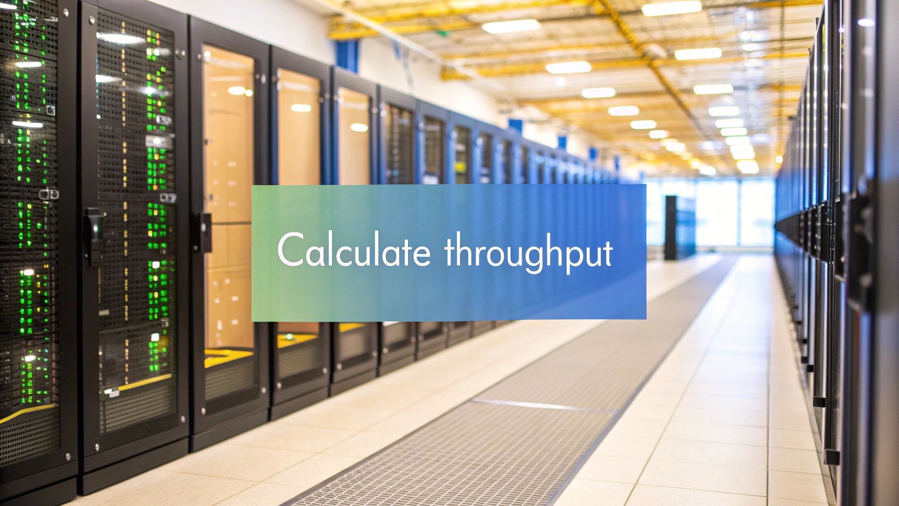 A photo-realistic scene of a modern data center with rows of server racks and faint network flow diagrams in the background, featuring "Calculate Throughput" text centered on a solid background block placed at the golden ratio position, text with sharp, clear edges and perfect legibility, surrounding imagery slightly subdued and softly blurred to maintain text prominence.