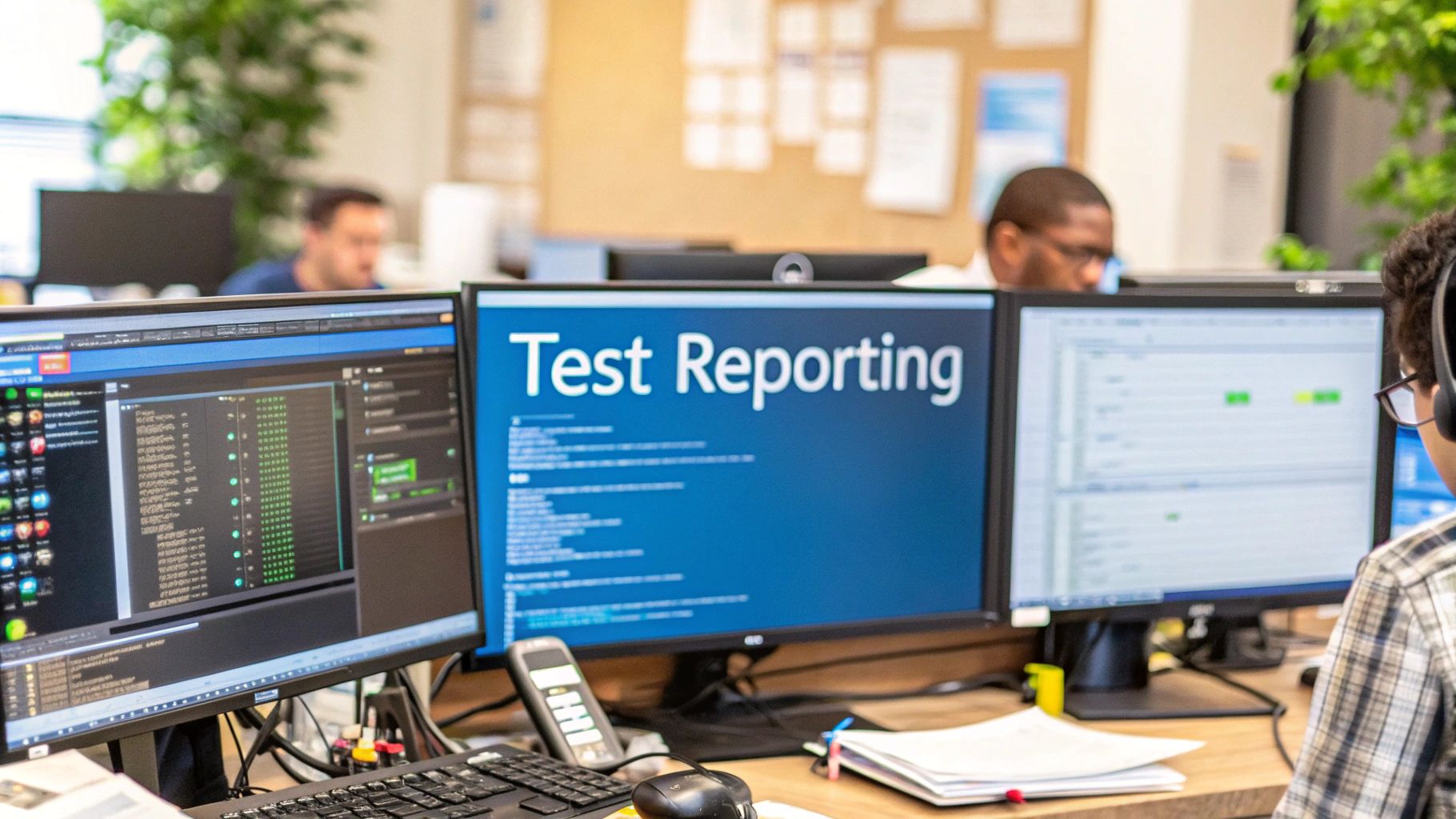 - A photo-realistic QA lab environment with multiple monitors showing blurred test dashboards and code snippets in the background, featuring “Test Reporting” text prominently displayed on a solid background block in the golden ratio position
