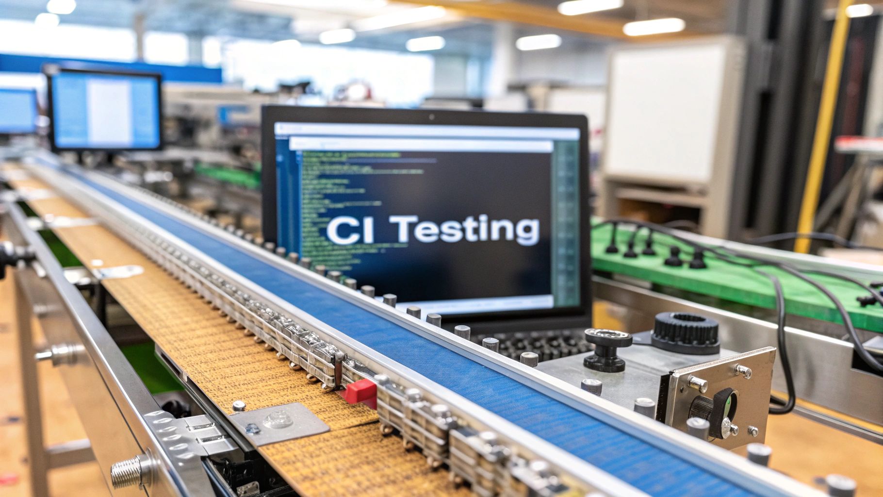 - Photo-realistic depiction of a software assembly line with code snippets flowing through mechanical gears and conveyor belts, subtle dev tools and blurred circuits in the background, with 'CI Testing' text centered on a solid background block in the golden ratio position