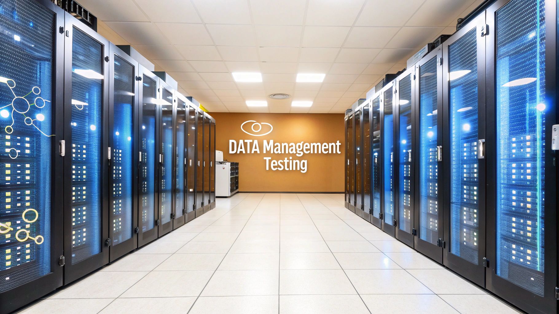 A photo-realistic data center interior with rows of illuminated server cabinets receding into the distance and subtle floating data flow icons, featuring "Data Management Testing" text centered on a solid background block in the golden ratio position, Brand & Text Realism style