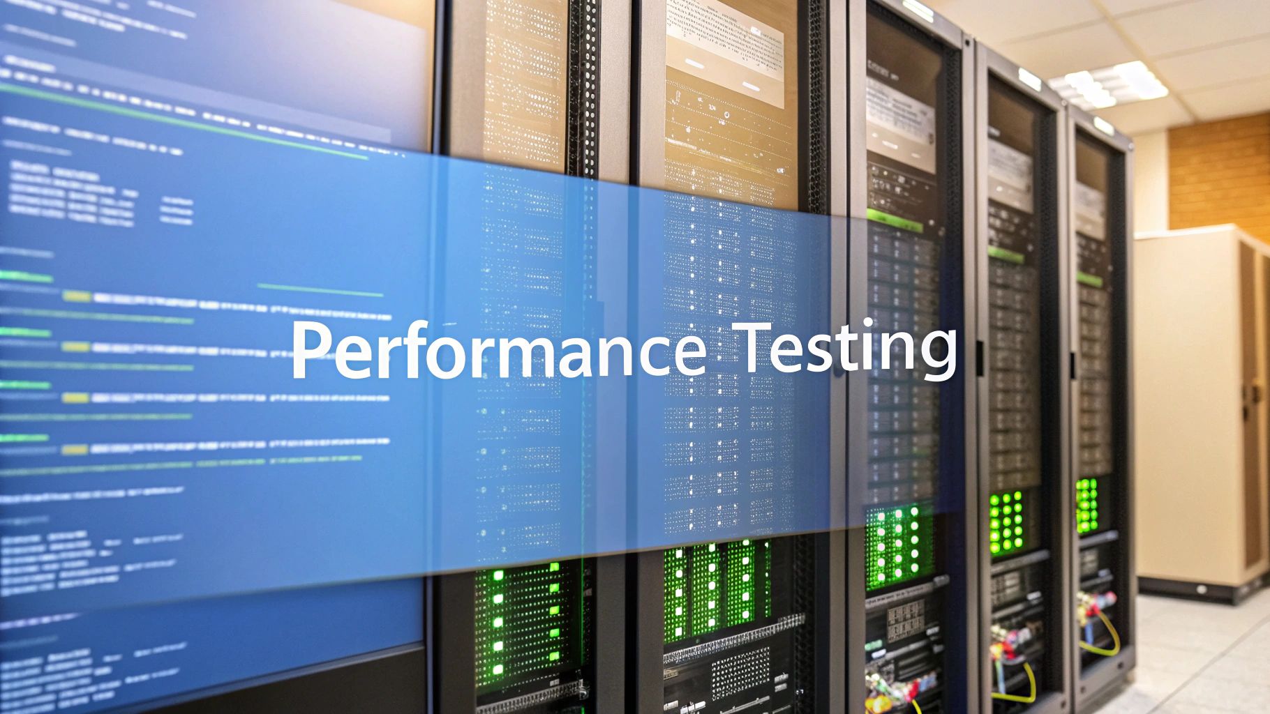 Photo-realistic server monitoring dashboard with subtle racks of servers and blurred code snippets in the background, featuring 'Performance Testing' text prominently centered on a solid background block in the golden ratio position, with supporting tech details slightly subdued.