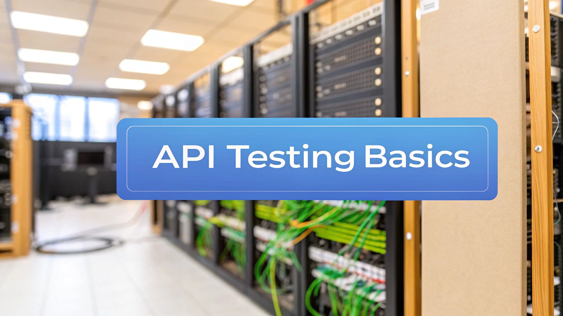 A photo-realistic server room environment with blurred racks and network cables in the background, featuring 'API Testing Basics' text centered on a solid background block in the golden ratio position, text with sharp, clear edges and perfect legibility and high contrast against its block, subtle code snippets and schematic API flow diagrams in the periphery supporting the theme while remaining subdued, minimalistic and focused.