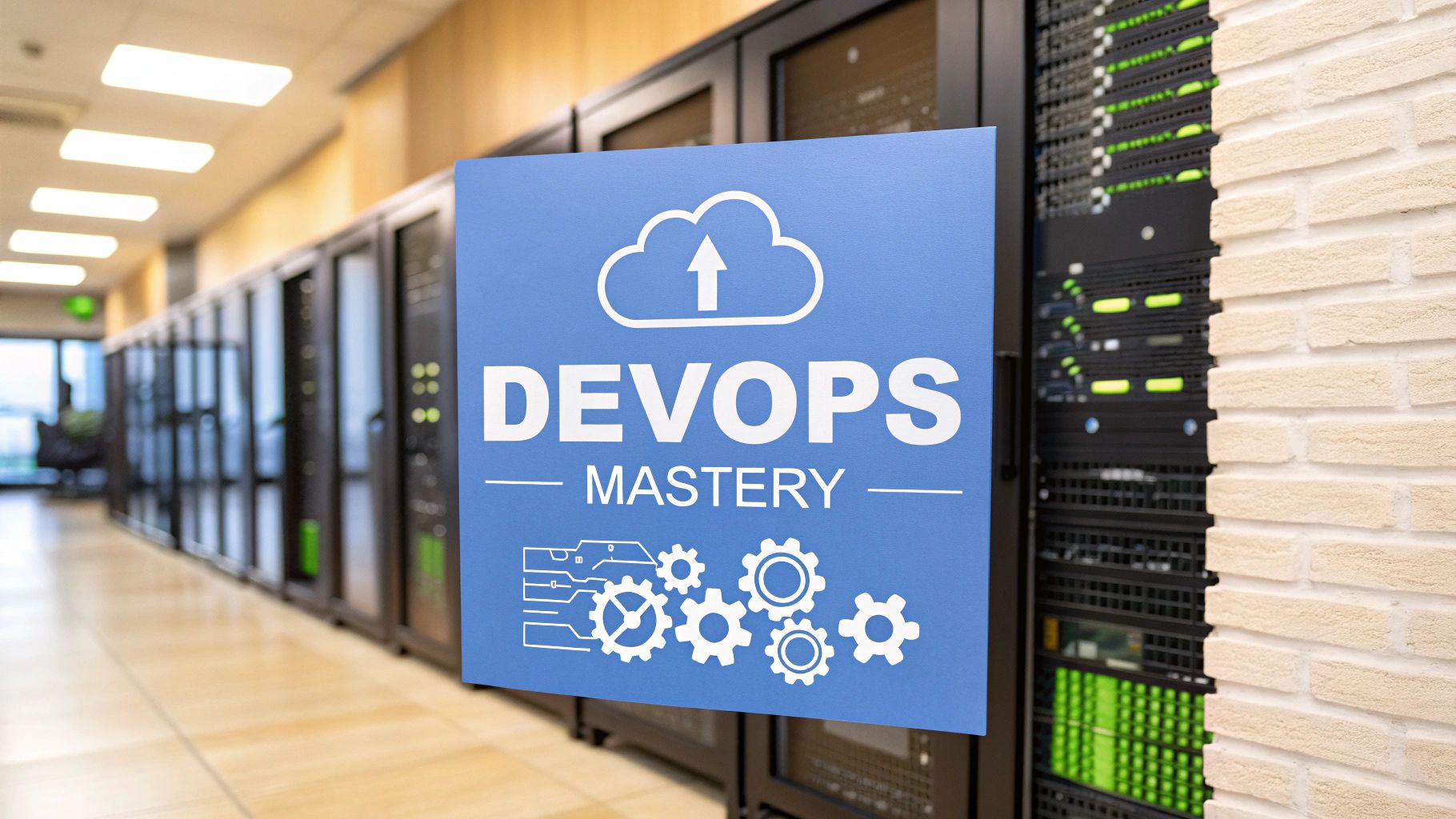 - Photo-realistic image of a modern DevOps operations center with softly blurred server racks and subtle gear, cloud, and pipeline flowchart icons in the background, featuring ‘DevOps Mastery’ text centered on a solid background block in the golden ratio position, with the surrounding scene slightly subdued to maintain text prominence