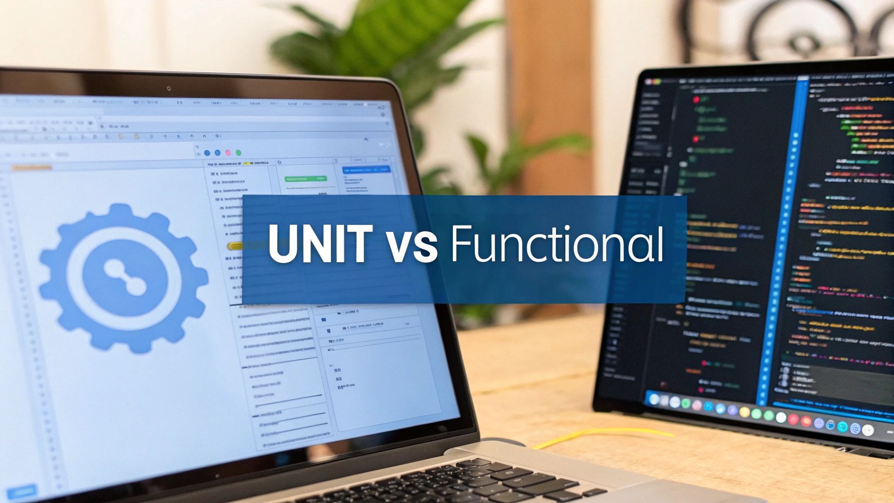 - A photo-realistic workspace showing a split-screen: left displays a code editor with unit test assertions, right shows a web app UI flow, with subtle QA elements like checkmarks and gear icons in the background; centered in golden ratio position is 'Unit vs Functional' text on a solid background block with sharp, high-contrast edges; peripheral elements are slightly blurred to emphasize the central text while reinforcing the testing theme
