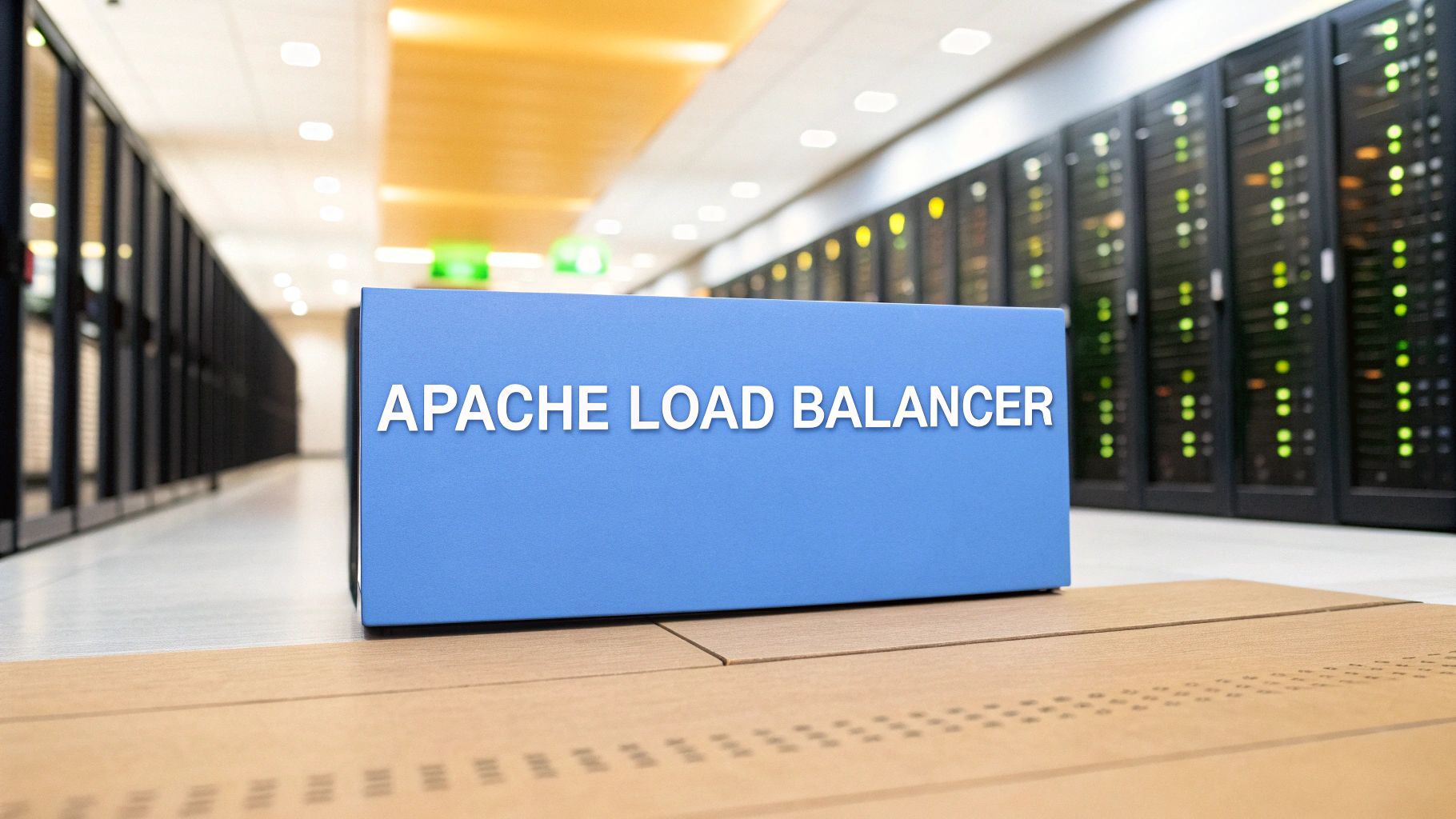 - A sleek data center environment with rows of servers and blinking LED indicators softly blurred in the background, featuring 'Apache Load Balancer' text centered on a solid background block in the golden ratio position, text with sharp, clear edges and perfect legibility, surrounding imagery subdued to highlight the central message, photoârealistic, Brand & Text Realism style