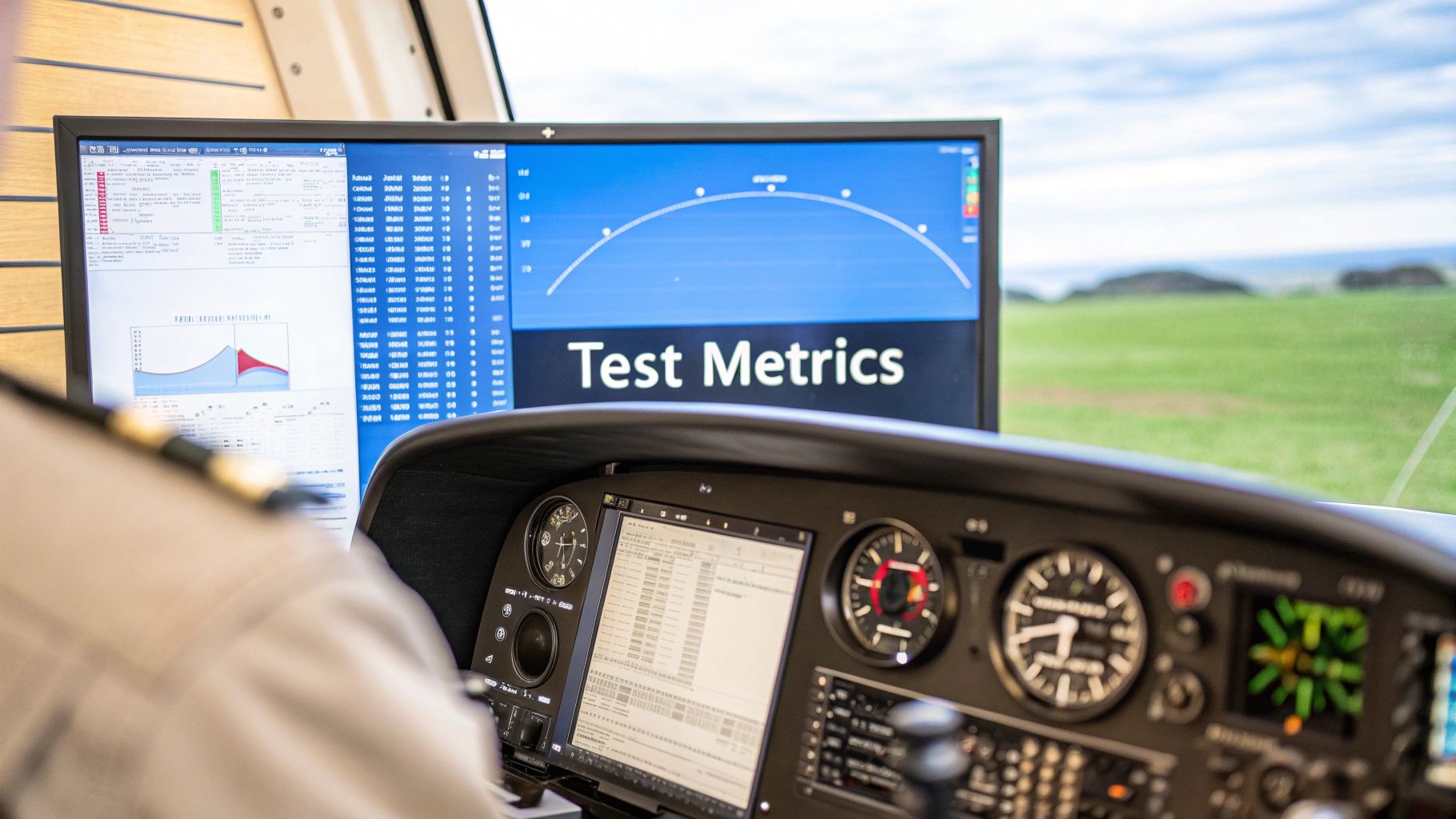 A photo-realistic Brand & Text Realism style scene of a high-tech software testing cockpit, with instrument dials, performance charts, and code snippets softly blurred in the background, featuring “Test Metrics” text prominently centered on a solid background block in the golden ratio position, with sharp, clear edges and perfect legibility, surrounding imagery subdued to highlight the text