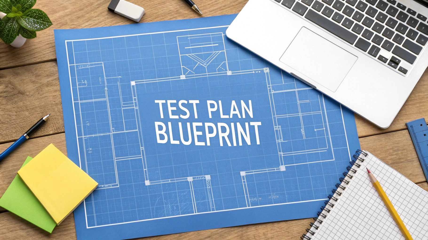 A photo-realistic overhead view of a professional workspace featuring a detailed software blueprint on graph paper, a laptop keyboard, a pencil, and sticky notes in soft focus around, with âTest Plan Blueprintâ text prominently displayed on a solid background block in the golden ratio position, the surrounding imagery slightly subdued to highlight the central text