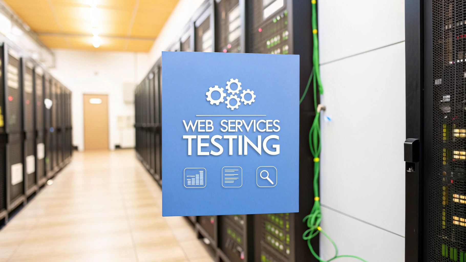 - A photo-realistic data center environment with blurred server racks and network cables in the background, featuring "Web Services Testing" text centered on a solid background block in the golden ratio position, surrounded by subtle icons of cloud services, API flow diagrams, and performance graphs that are slightly subdued to maintain text prominence