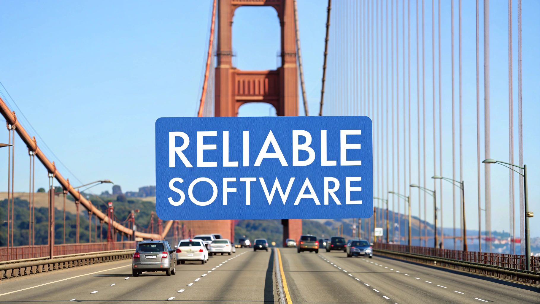 A photo-realistic modern suspension bridge supporting heavy traffic, with “Reliable Software” text centered on a solid background block in the golden ratio position, the bridge structure softly blurred in the background to emphasize durability under repeated load
