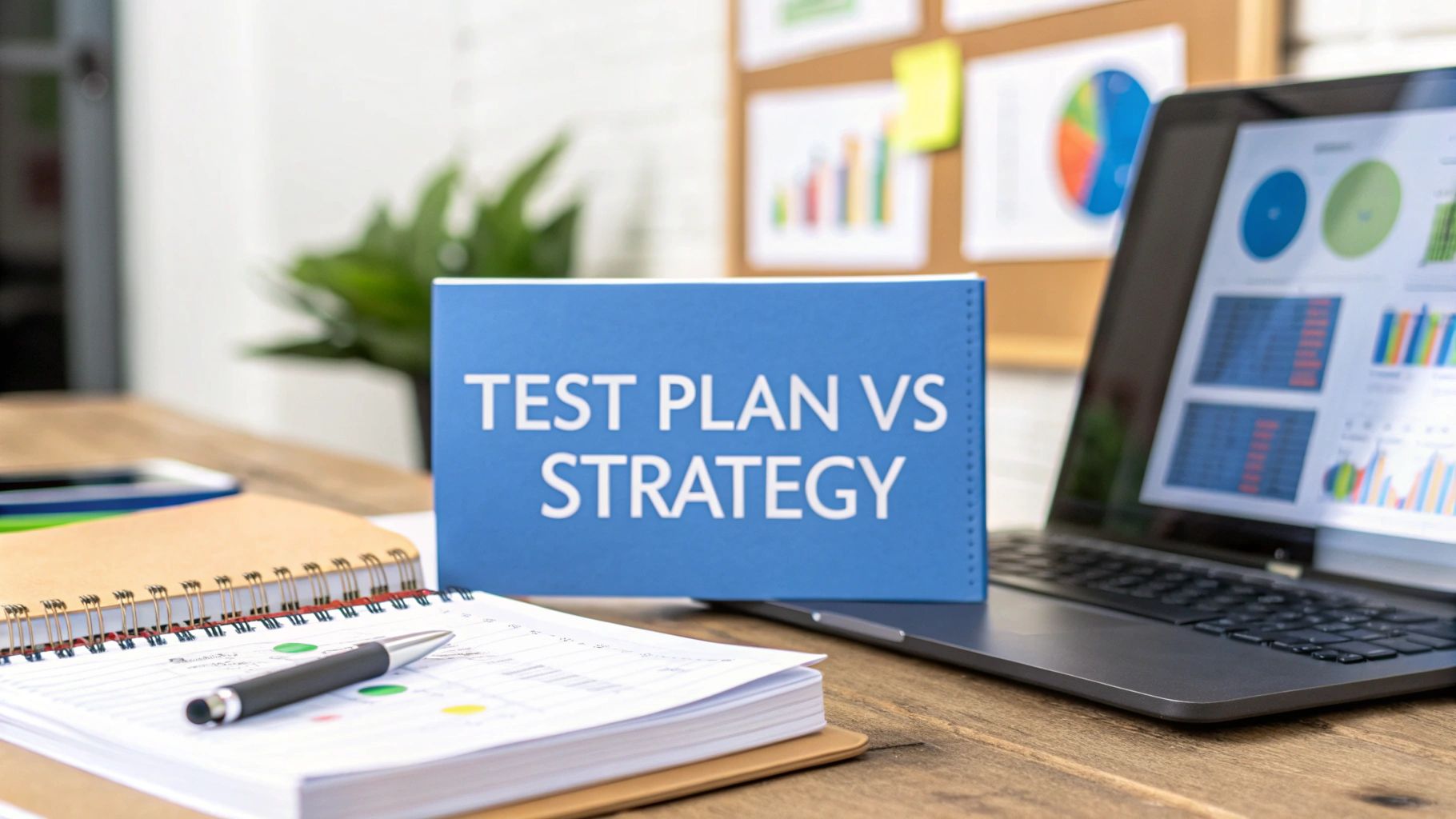 A photo-realistic office workspace in Brand & Text Realism style with blurred project documents and digital charts in the background, featuring "Test Plan vs Strategy" text prominently displayed on a solid background block positioned at the golden ratio, with the surrounding scene subtly emphasizing structured comparison.