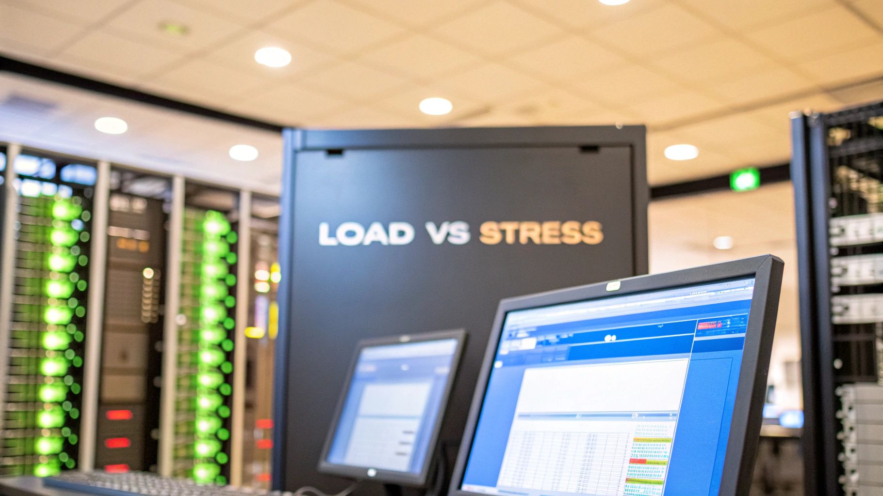 A photo-realistic server room environment with blurred racks and subtle performance charts on monitors, supporting imagery slightly subdued to emphasize the central focal point, with 'Load vs Stress' text centered on a solid background block in the golden ratio position, text rendered with sharp edges and perfect legibility.