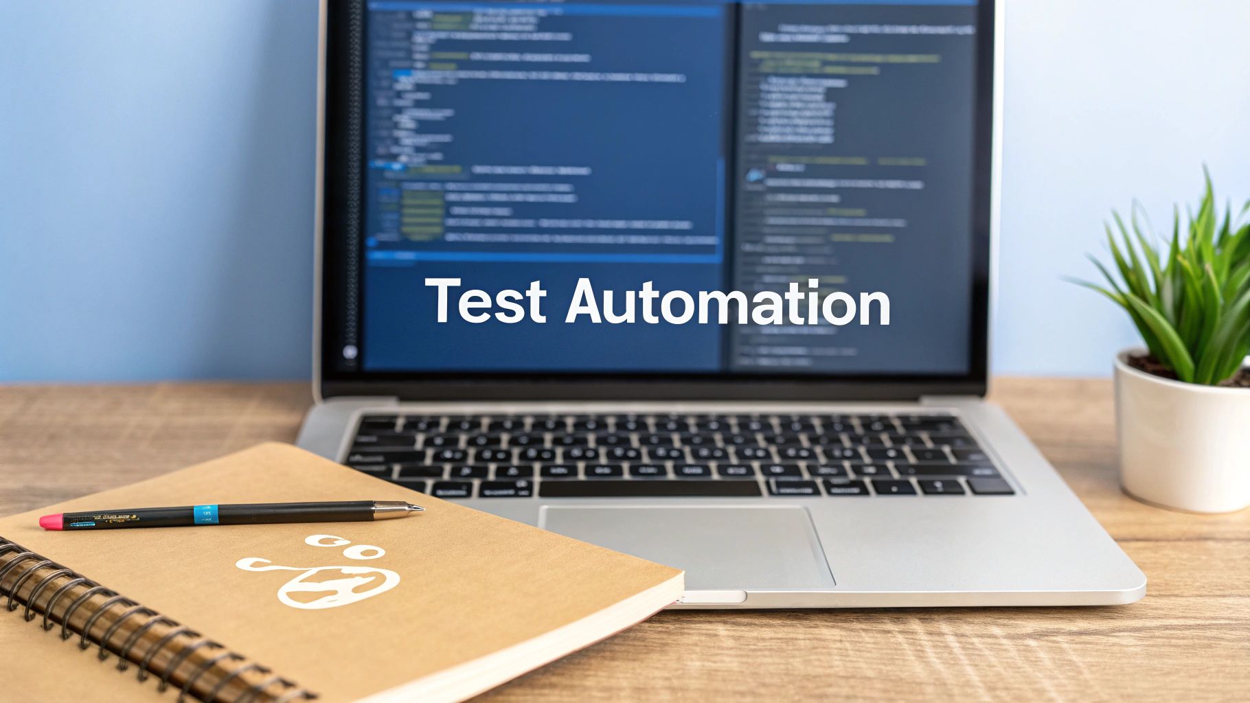 A photo-realistic workstation scene with a laptop showing blurred Python code, a tasteful notebook with a subtle snake logo, and a modern keyboard, featuring “Test Automation” text centered on a solid background block in the golden ratio position; surrounding elements are subdued to keep the text prominent.