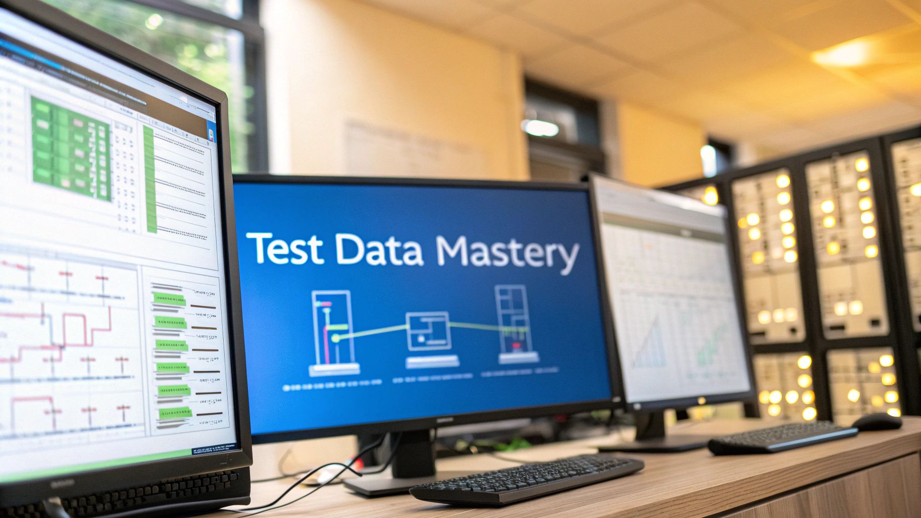 - A photo-realistic modern workspace with blurred monitors displaying data pipeline diagrams and subtle server infrastructure elements in the background, featuring "Test Data Mastery" text centered on a solid background block in the golden ratio position