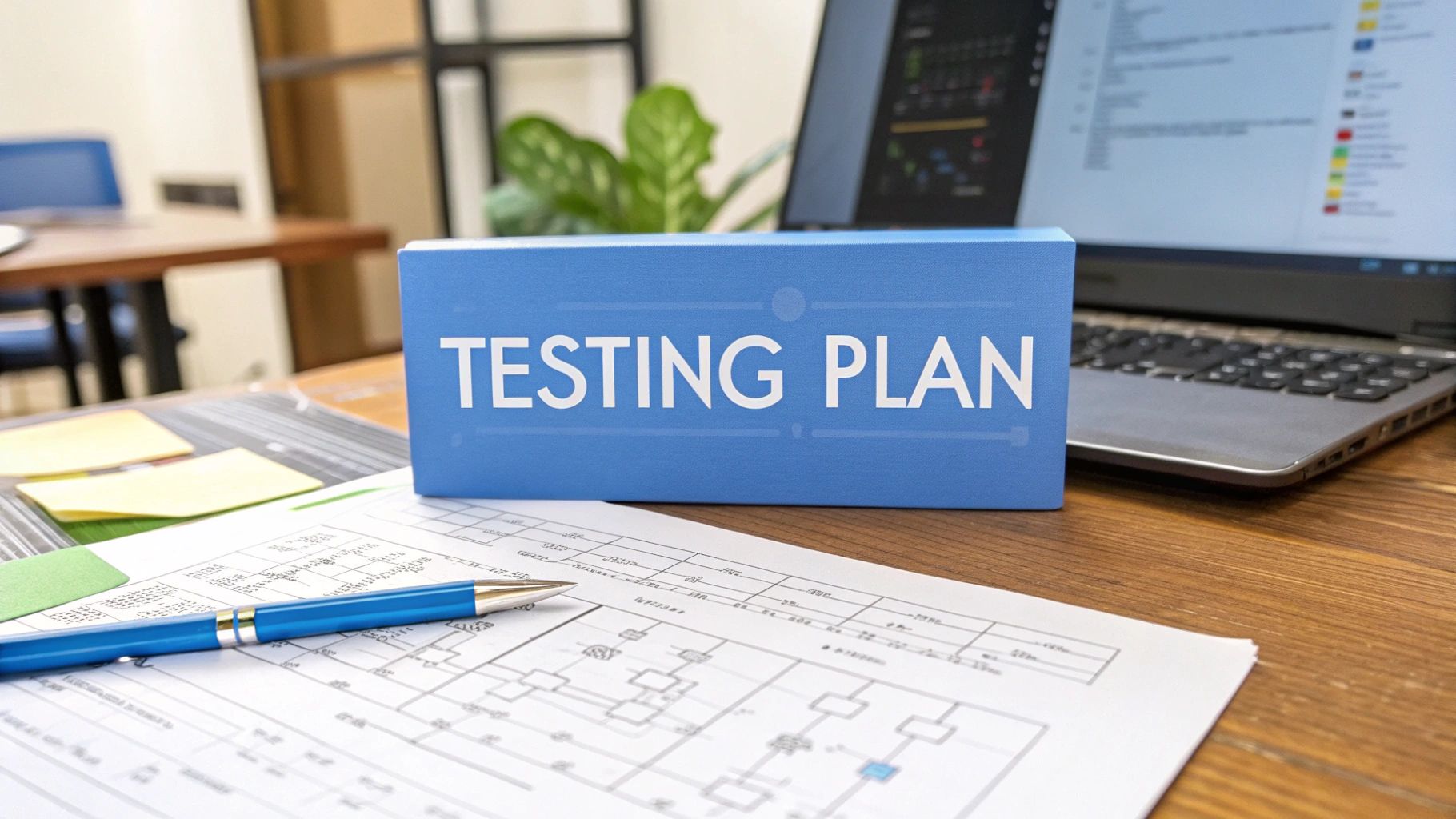 Brand & Text Realism style, photo-realistic image where the text 'Testing Plan' appears as the central focal point on a solid background block in the golden ratio position; the surrounding scene is a modern software development workspace with subtly blurred code diagrams, a laptop displaying flowcharts, and a blueprint-style document, all softly focused to keep the text dominant.