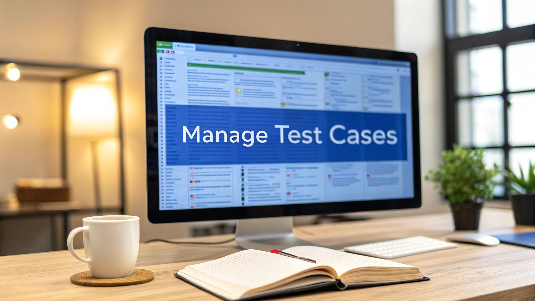 - A photo-realistic modern office workspace with a large monitor displaying a blurred Jira board in the background, a coffee mug and open notebook on the desk, with 'Manage Test Cases' text centered on a solid background block at the golden ratio position