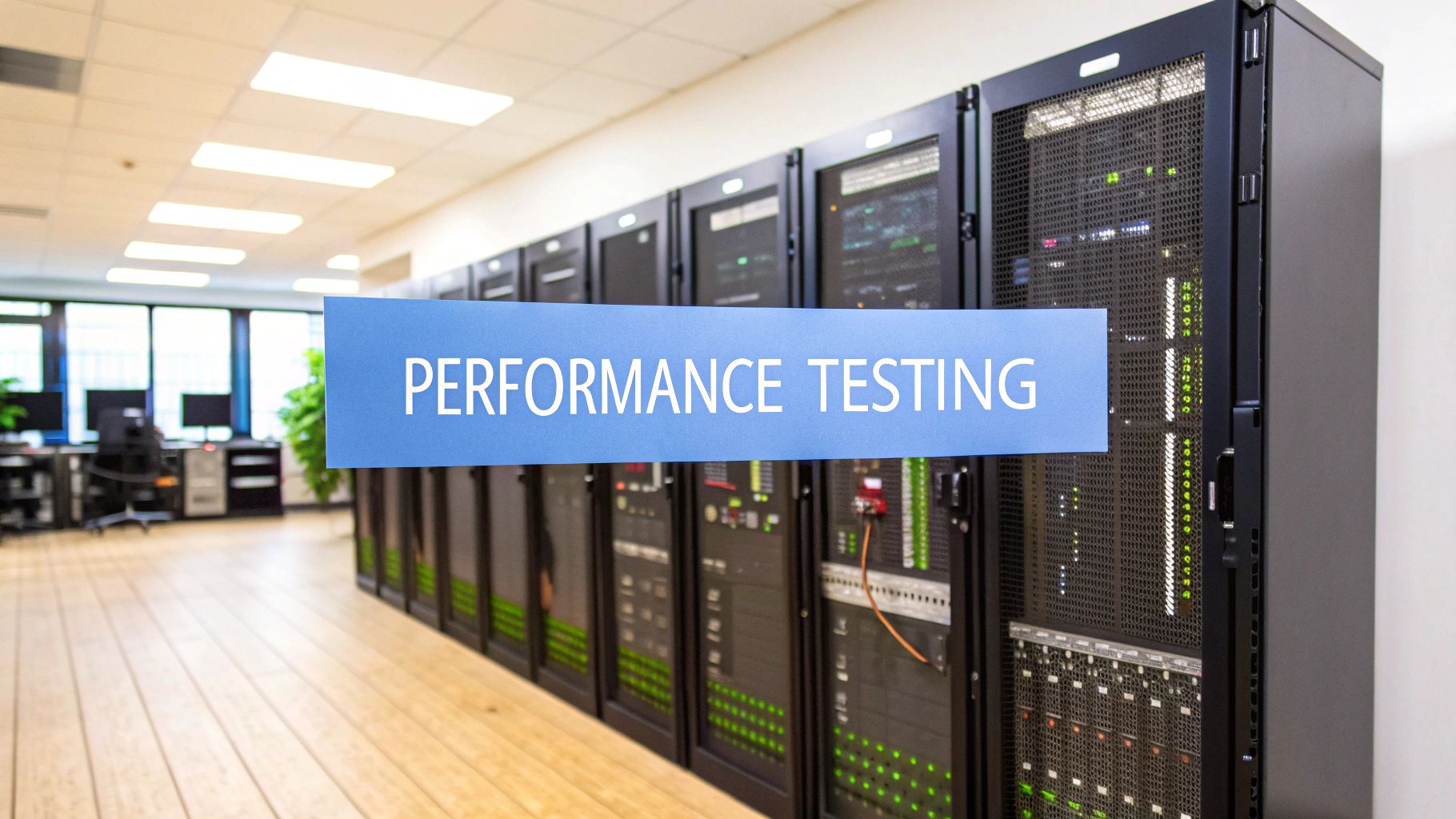 Photo-realistic server room with rows of blinking hardware and a wall of performance dashboards softly blurred in the background, âPerformance Testingâ text centered on a solid background block in the golden ratio position, text edges crisp and high contrast, environment slightly subdued to highlight the text