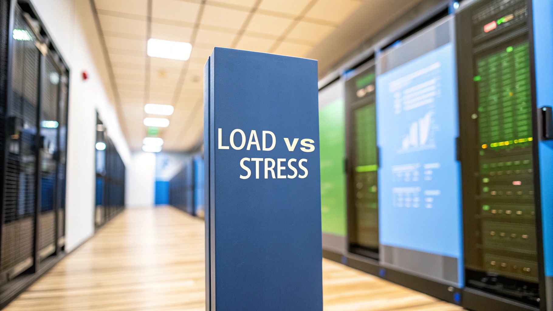 - A subtle data center corridor with blurred server racks and faded performance graphs in the background, with 'Load vs Stress' text prominently centered on a solid background block in the golden ratio position, photo-realistic style, text sharp and high contrast, surrounding imagery subdued to highlight the comparison theme