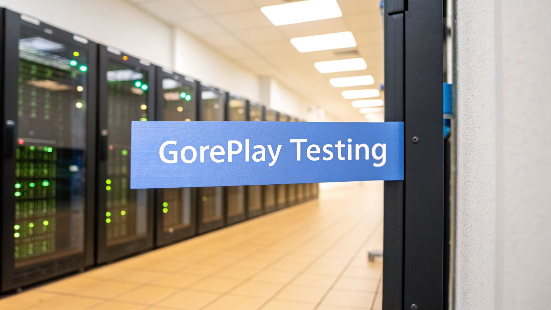 - A minimalist data center with softly-lit server racks and blurred terminal screens in the background, featuring 'GoReplay Testing' text prominently displayed on a solid background block in the golden ratio position