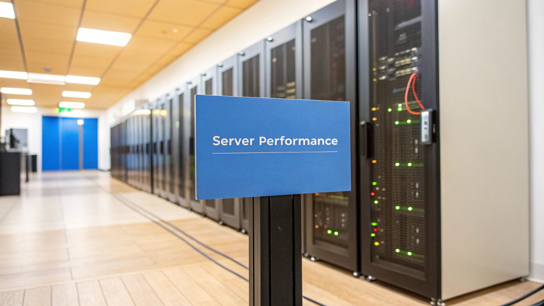 A photo-realistic server room with sleek racks and subtle indicator lights in the background, âServer Performanceâ text prominently displayed on a solid background block in the golden ratio position, text rendered with sharp, clear edges and high contrast, surrounding imagery slightly subdued to highlight the message