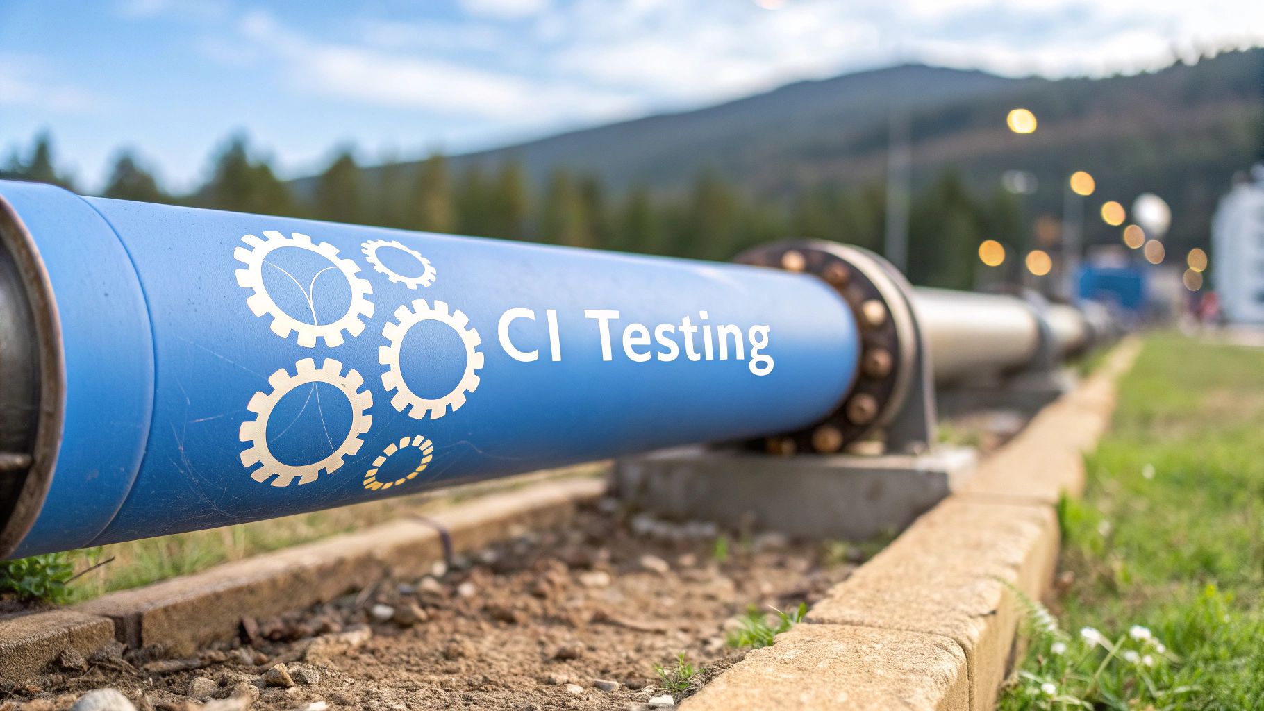 - A photo-realistic depiction of a modern dev-ops pipeline with glowing code streams and gear icons subtly blurred in the background, featuring 'CI Testing' text centered on a solid background block in the golden ratio position, with the surrounding elements providing context but remaining understated to highlight the text