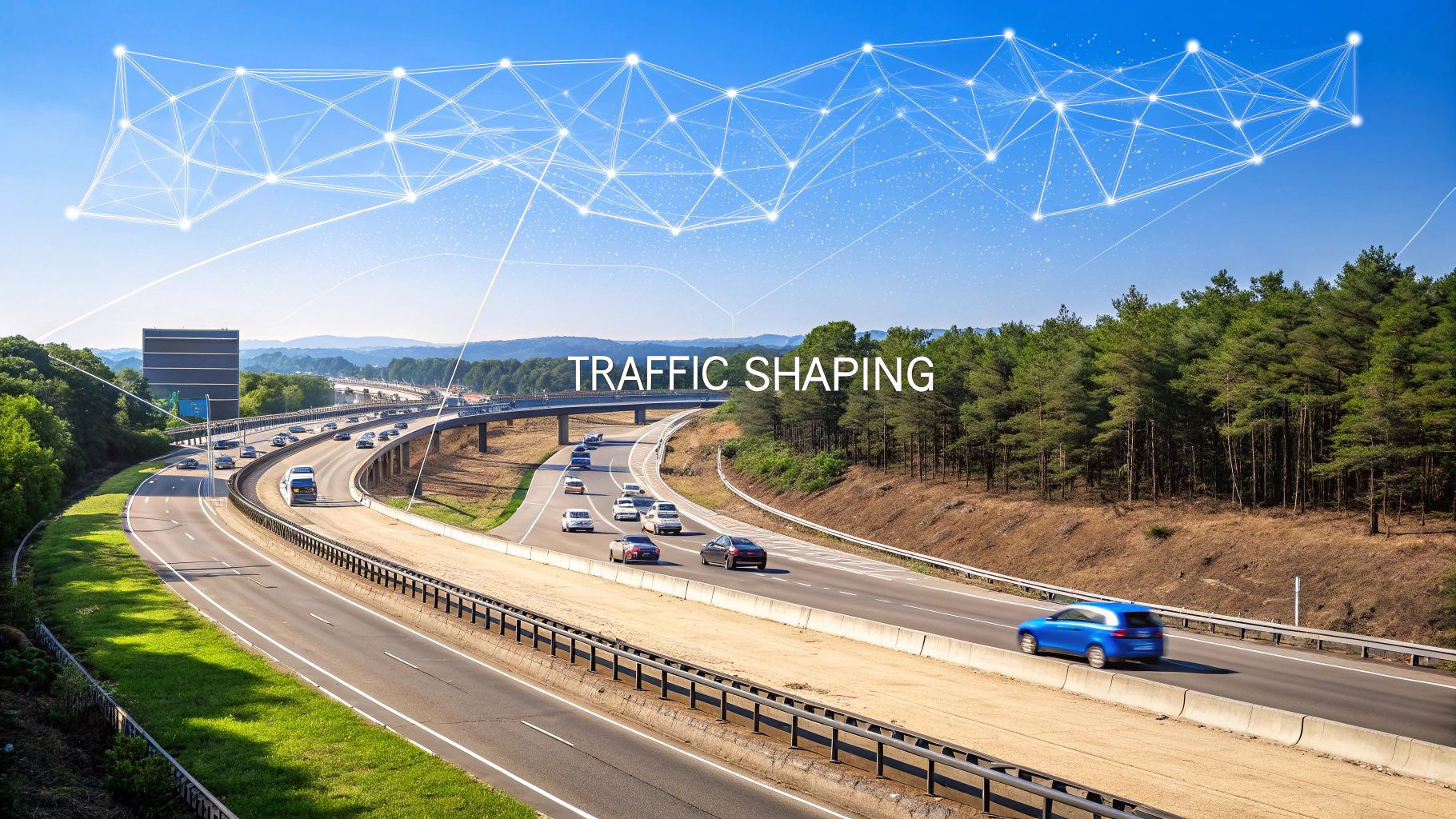 In Brand & Text Realism style, a photo-realistic highway on-ramp controlling the flow of cars like network packets, with blurred network cables and digital data flow overlays in the background; “Traffic Shaping” text centered on a solid background block in the golden ratio position, rendered with sharp edges and high contrast, while the surrounding scene remains slightly subdued to highlight the text