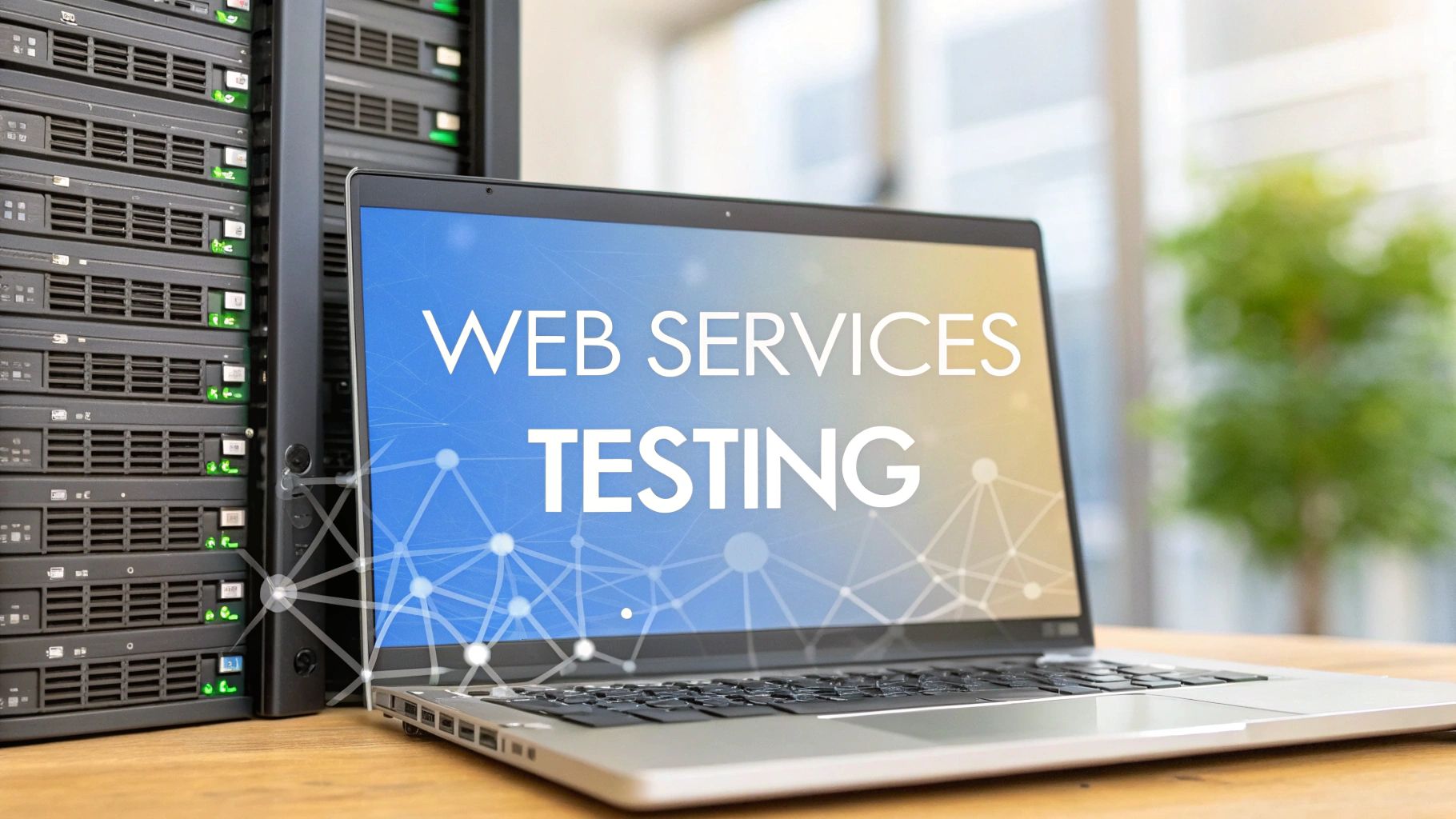 - A photo-realistic scene of a modern server rack and a laptop displaying API code, with delicate network topology lines in the blurred background, featuring 'Web Services Testing' text prominently displayed on a solid background block positioned at the golden ratio, with the surrounding tech elements slightly subdued to emphasize the sharp, clear text focal point