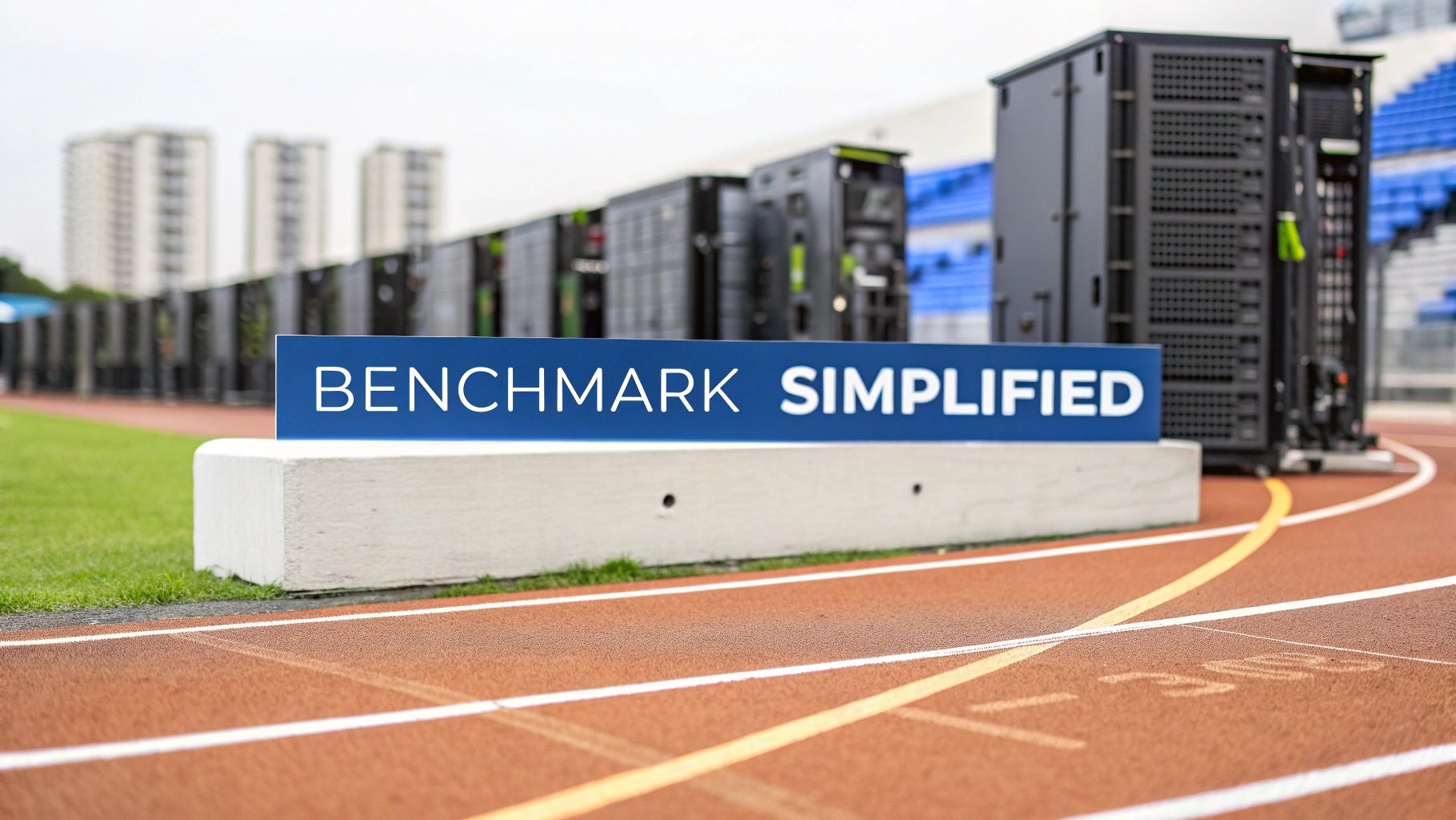 Photo-realistic image where "Benchmark Simplified" text is prominently displayed on a solid background block at the golden ratio position, surrounded by a futuristic circuit board morphing into a running track, with blurred performance gauges and server racks subtly in the background to convey technology testing and performance measurement