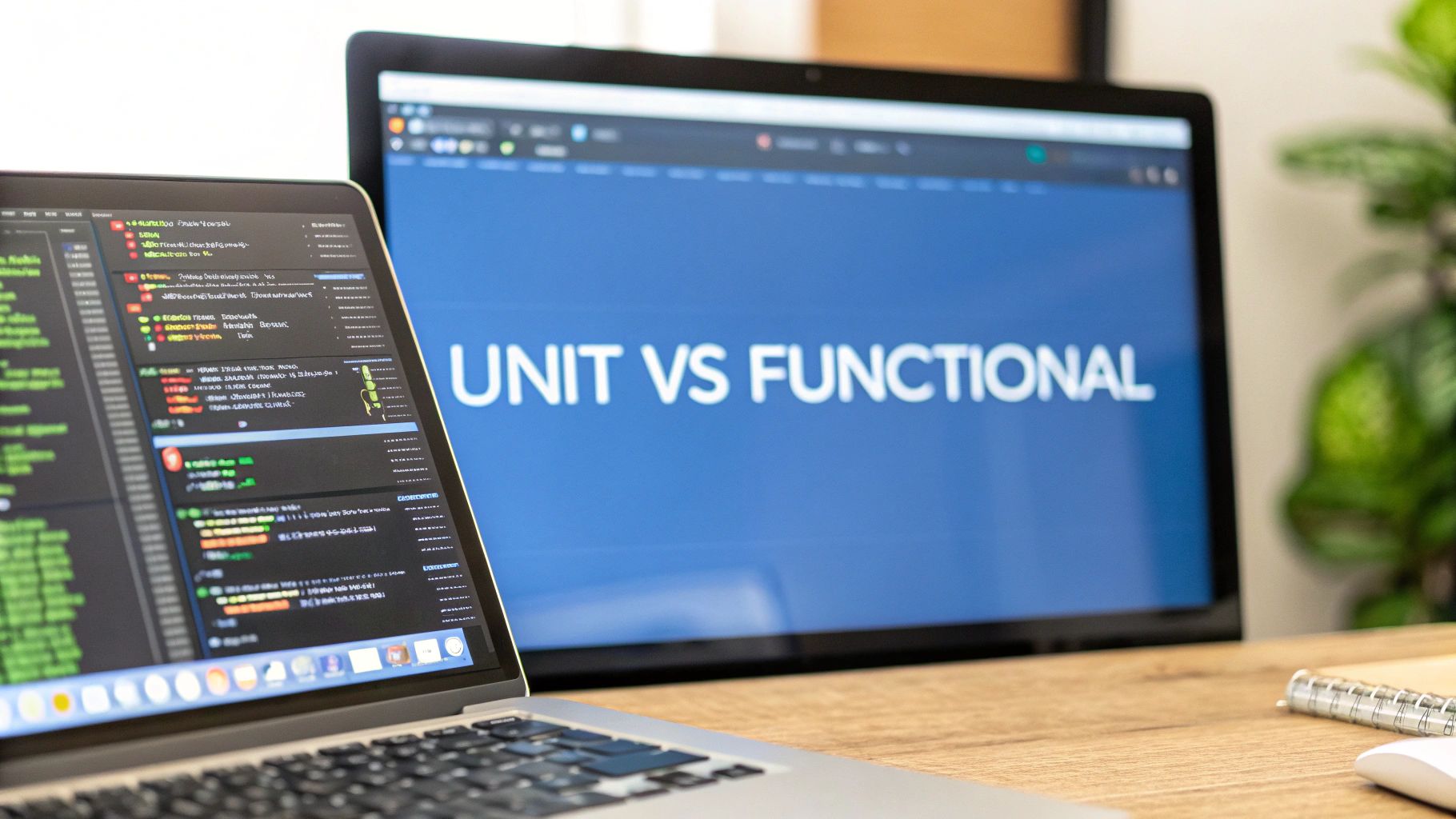 Photo-realistic image of a modern developer workspace with a blurred code editor and test automation interface in the background, featuring 'Unit vs Functional' text centered on a solid background block in the golden ratio position, rendered with crisp, high-contrast typography; subtle code brackets and checkmarks in the surrounding scene to underscore the testing theme while remaining understated.