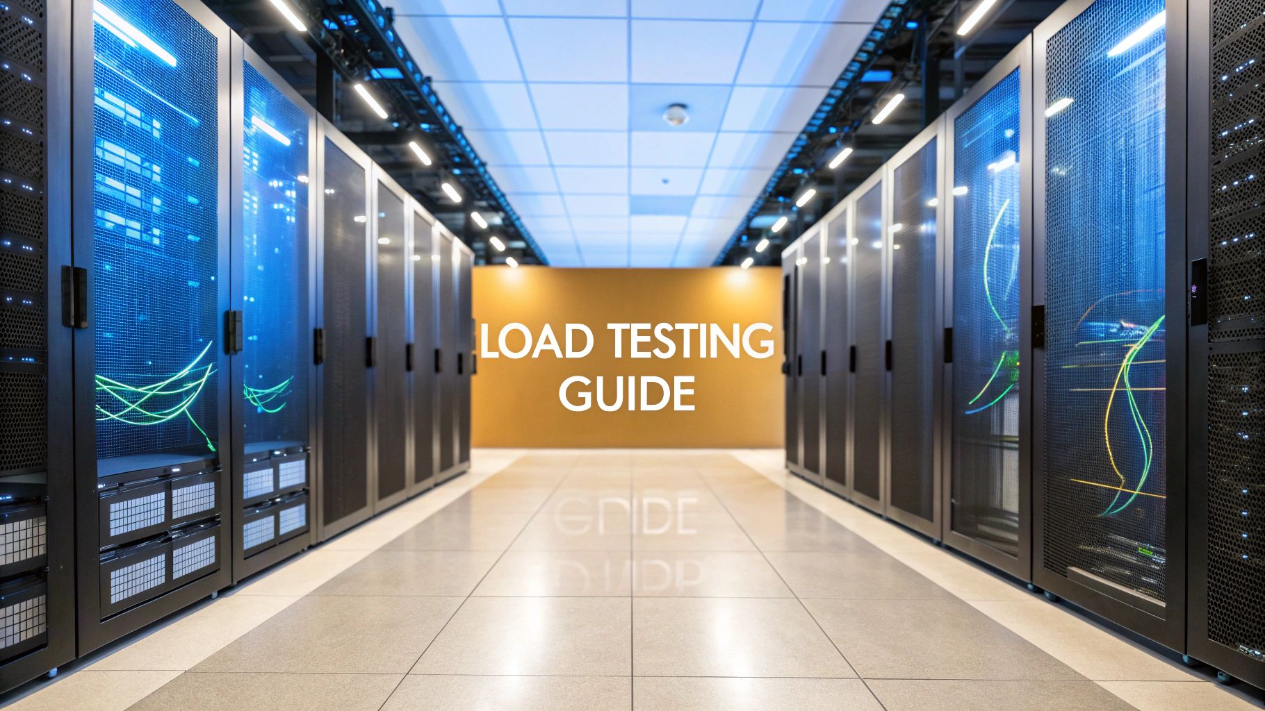 Photo-realistic image of a sleek data center corridor with rows of server racks and faint holographic performance graphs, featuring 'Load Testing Guide' text centered on a solid background block in the golden ratio position, with network cables and blinking LEDs softly blurred to maintain focus on the sharp text