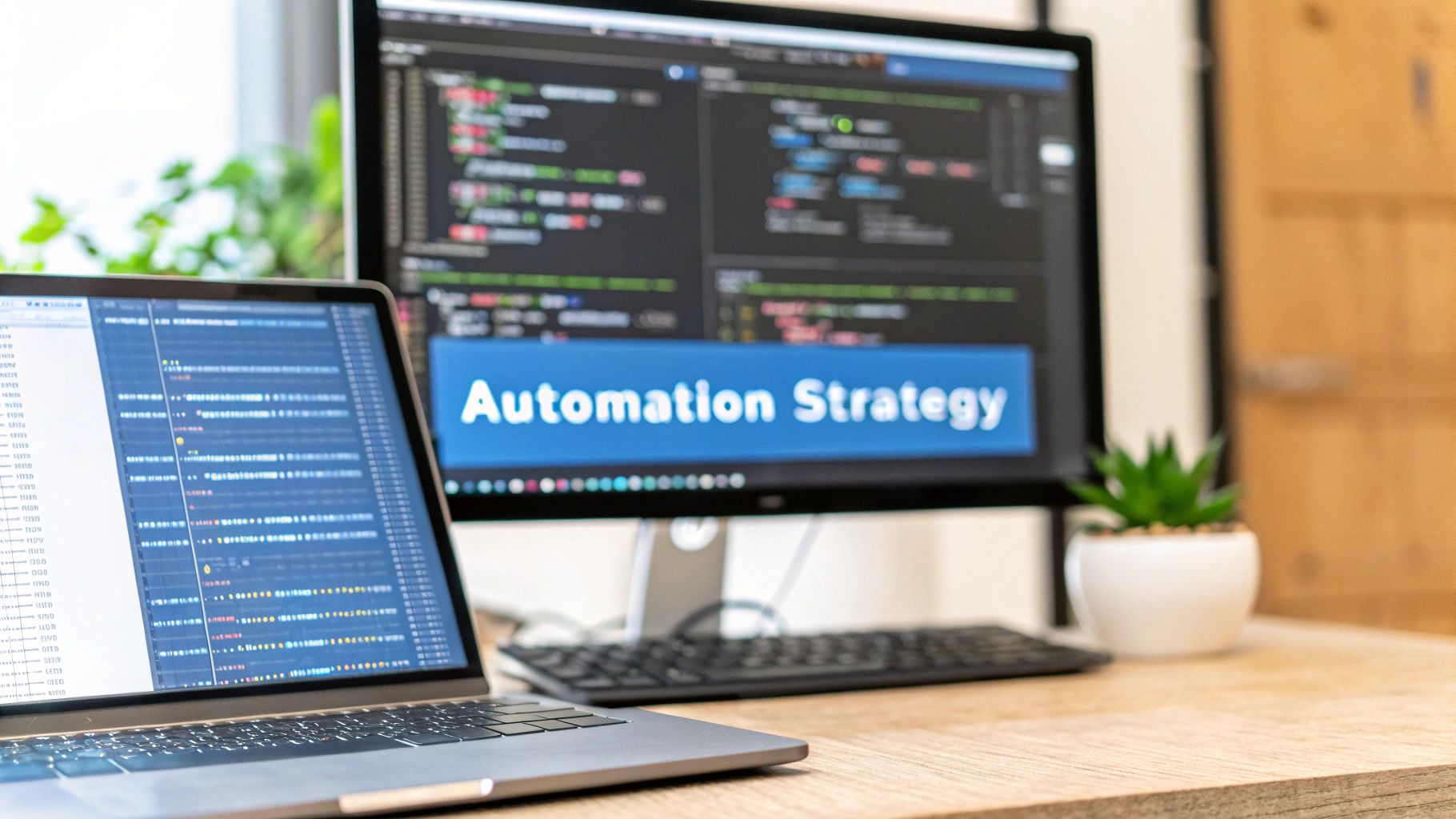 A photo-realistic minimalist tech workspace featuring a blurred laptop screen with code and testing dashboard visuals in the background, with 'Automation Strategy' text prominently displayed on a solid background block in the golden ratio position
