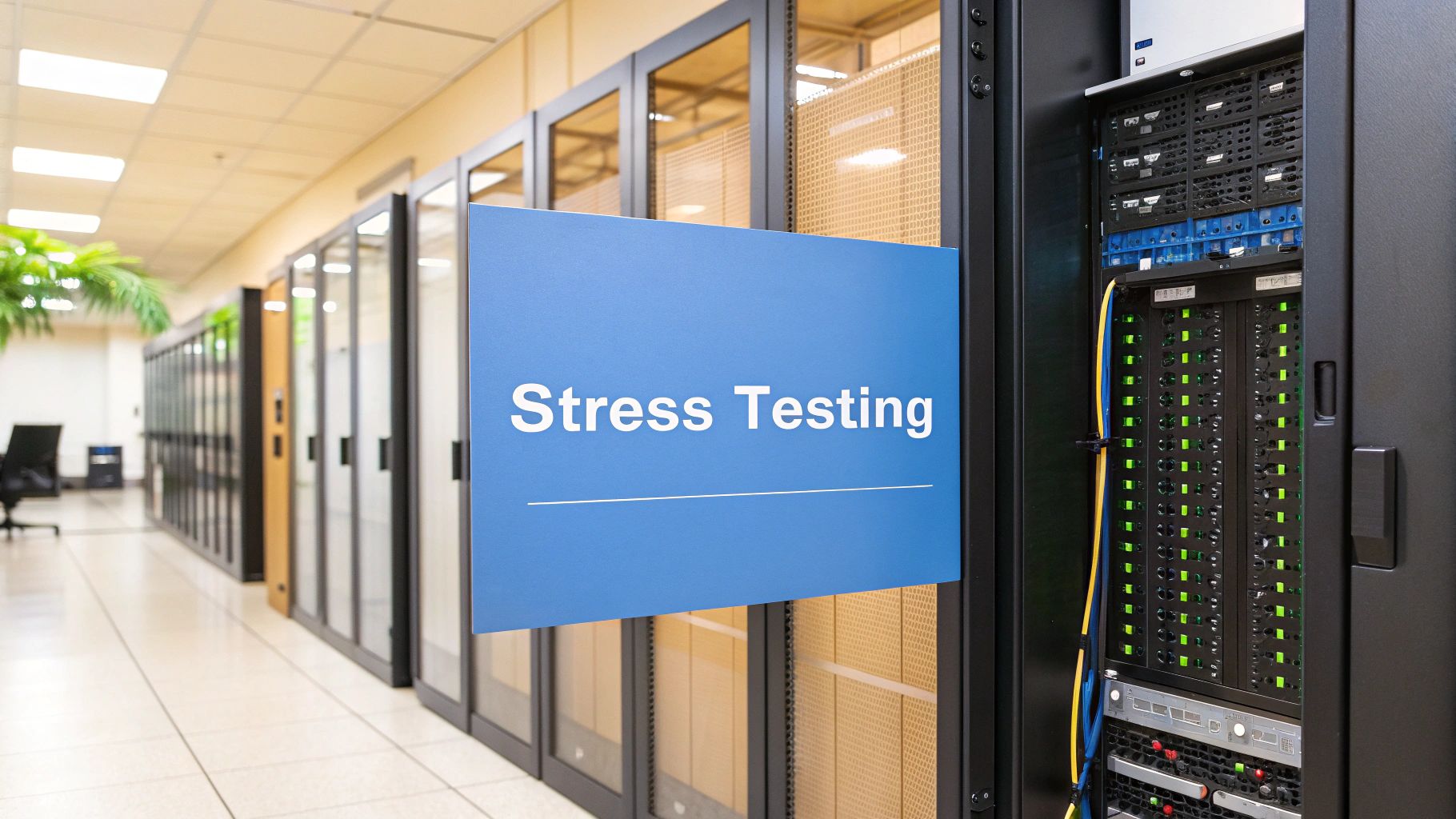 - A photorealistic server room scene in Brand & Text Realism style with sleek rack servers, subtle heat haze and blinking lights indicating heavy load, featuring 'Stress Testing' text prominently displayed on a solid background block in the golden ratio position, surrounded by softly blurred hardware to maintain text prominence