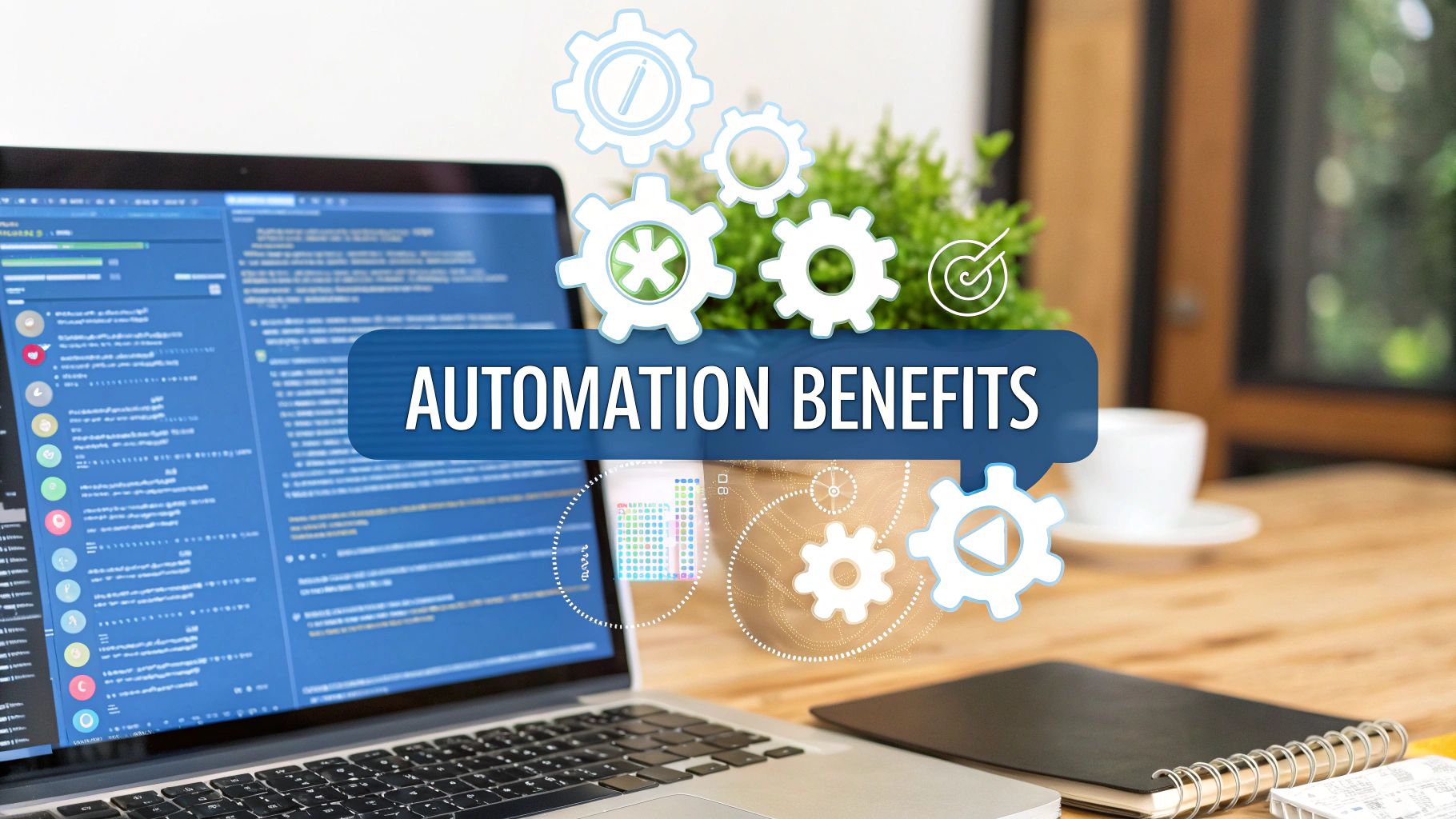 A minimalistic developer workspace with a softly blurred monitor displaying code snippets and performance graphs, subtle gear and checkmark icons subtly framing the scene, with high-contrast, sharp-edged “Automation Benefits” text centered on a solid background block at the golden ratio position, photo-realistic image, Brand & Text Realism style, English text