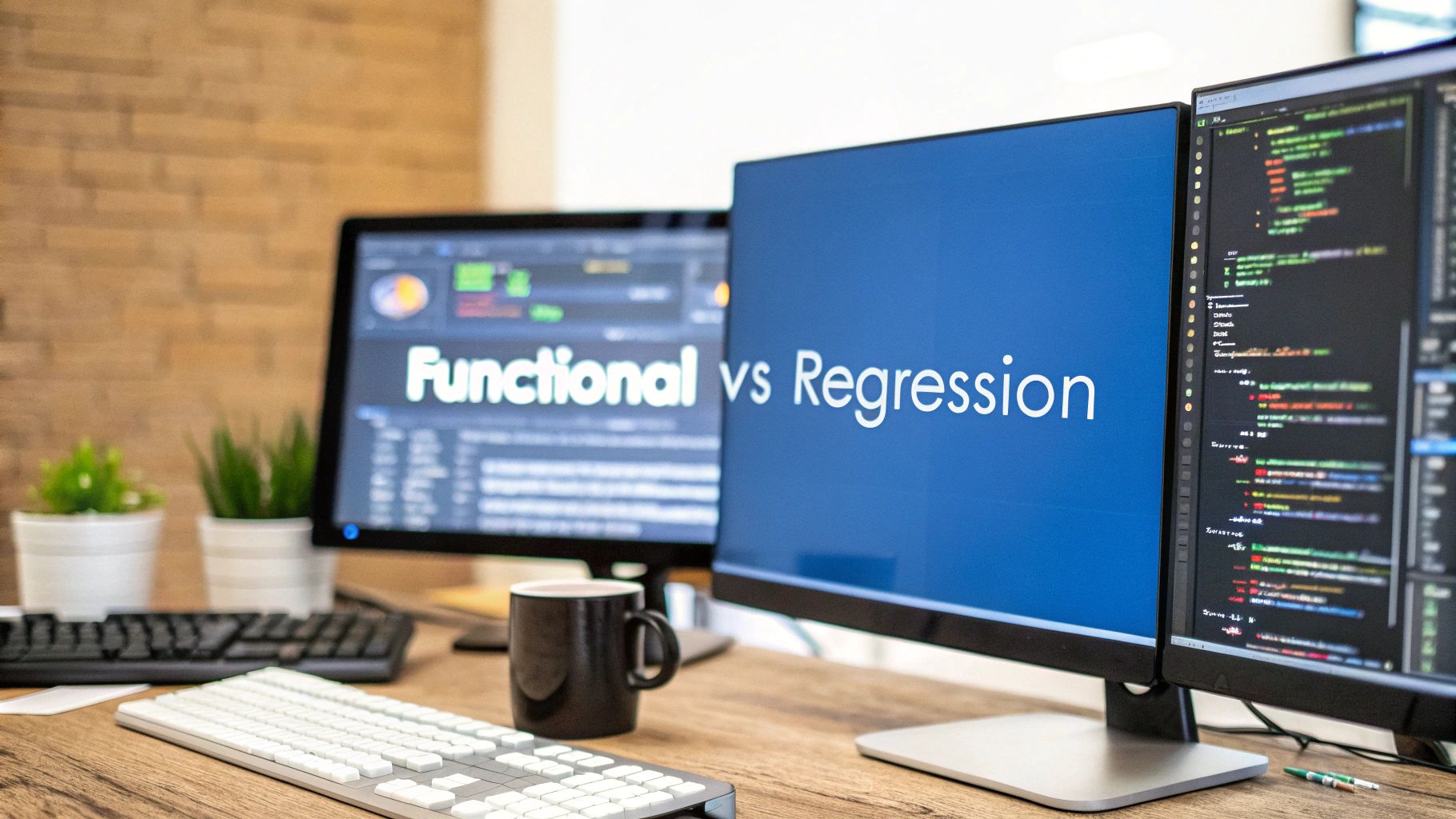 A photo-realistic scene of a modern developer desk with dual monitors displaying code diffs and test results blurred in the background, with "Functional vs Regression" text centered on a solid background block placed at the golden ratio position; the text has sharp, clear edges and perfect legibility with high contrast; surrounding elements like a keyboard, test logs, and a coffee mug are subtly lit and slightly subdued to maintain focus on the text; minimalistic composition in Brand & Text Realism style