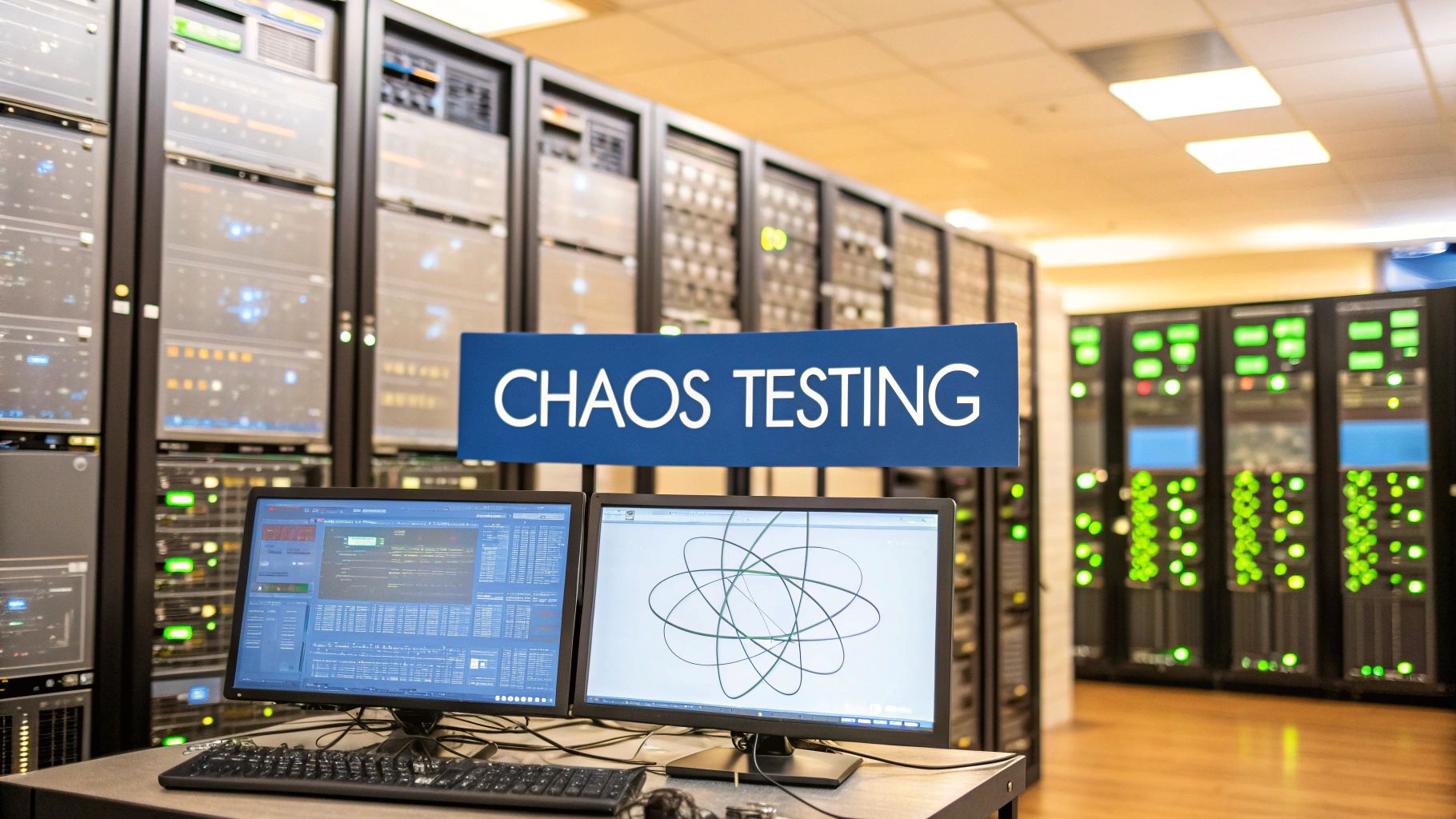 - A high-tech control room with server racks and glowing network diagrams, featuring 'Chaos Testing' text centered on a solid background block in the golden ratio position, surrounding monitors and cables softly out of focus to keep attention on the bold, crisp text