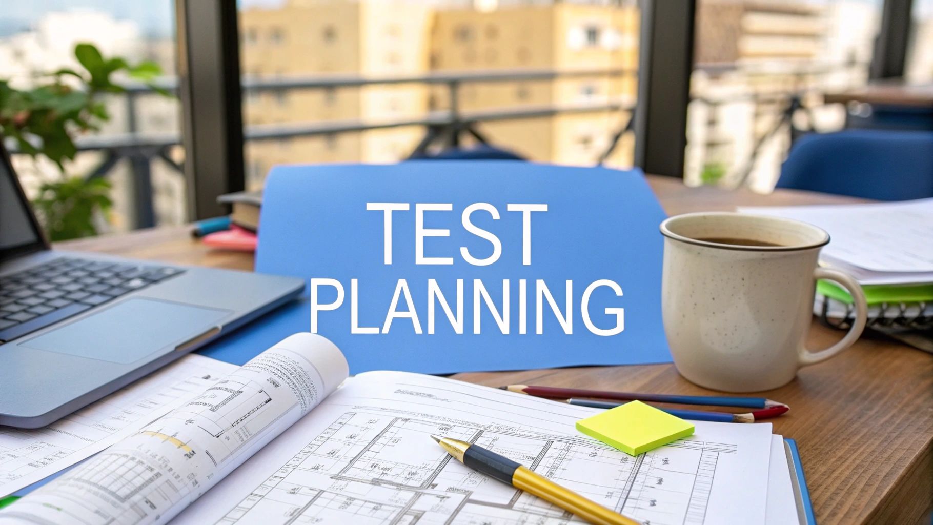 - A photo-realistic office workspace with an open architectural blueprint, printed code snippets and planning tools like sticky notes and a coffee cup subtly arranged around, featuring "Test Planning" text centered on a solid background block in the golden ratio position, with surrounding imagery slightly blurred to maintain text prominence