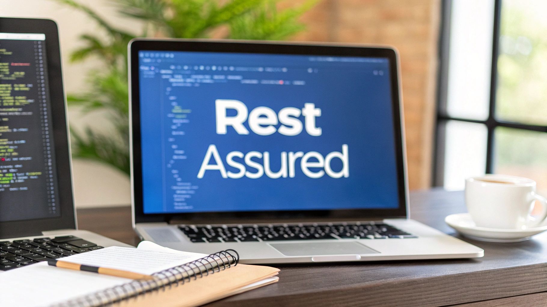 - A professional developer workspace with a blurred laptop screen showing Java code and API request diagrams in the background, featuring “Rest Assured” text prominently displayed on a solid background block in the golden ratio position, with a keyboard, coffee cup, and notebook subtly framing the scene to keep the focus on the text
